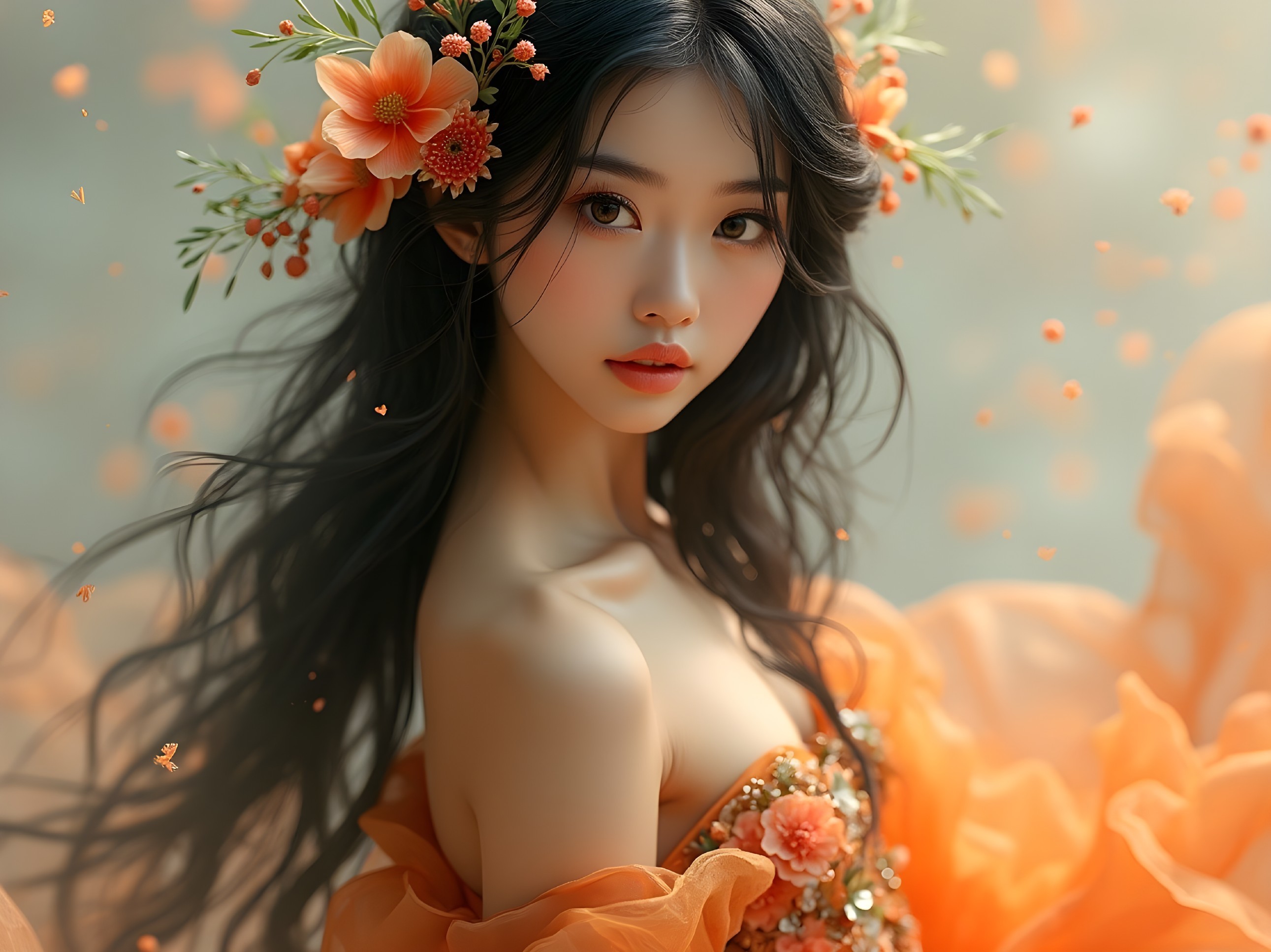 Portrait of a woman in orange gown with floral accents