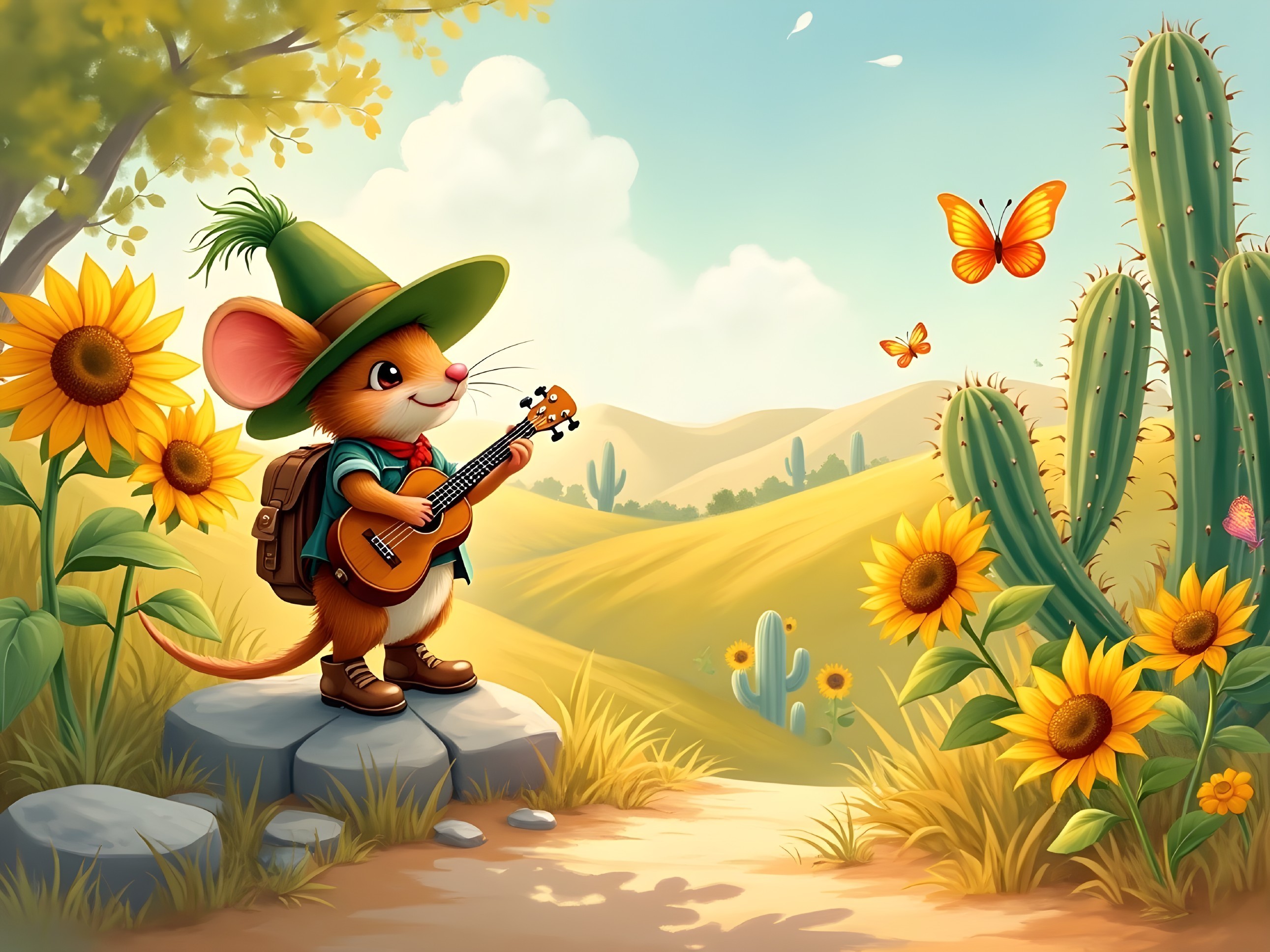 Cheerful mouse with guitar in vibrant landscape scene