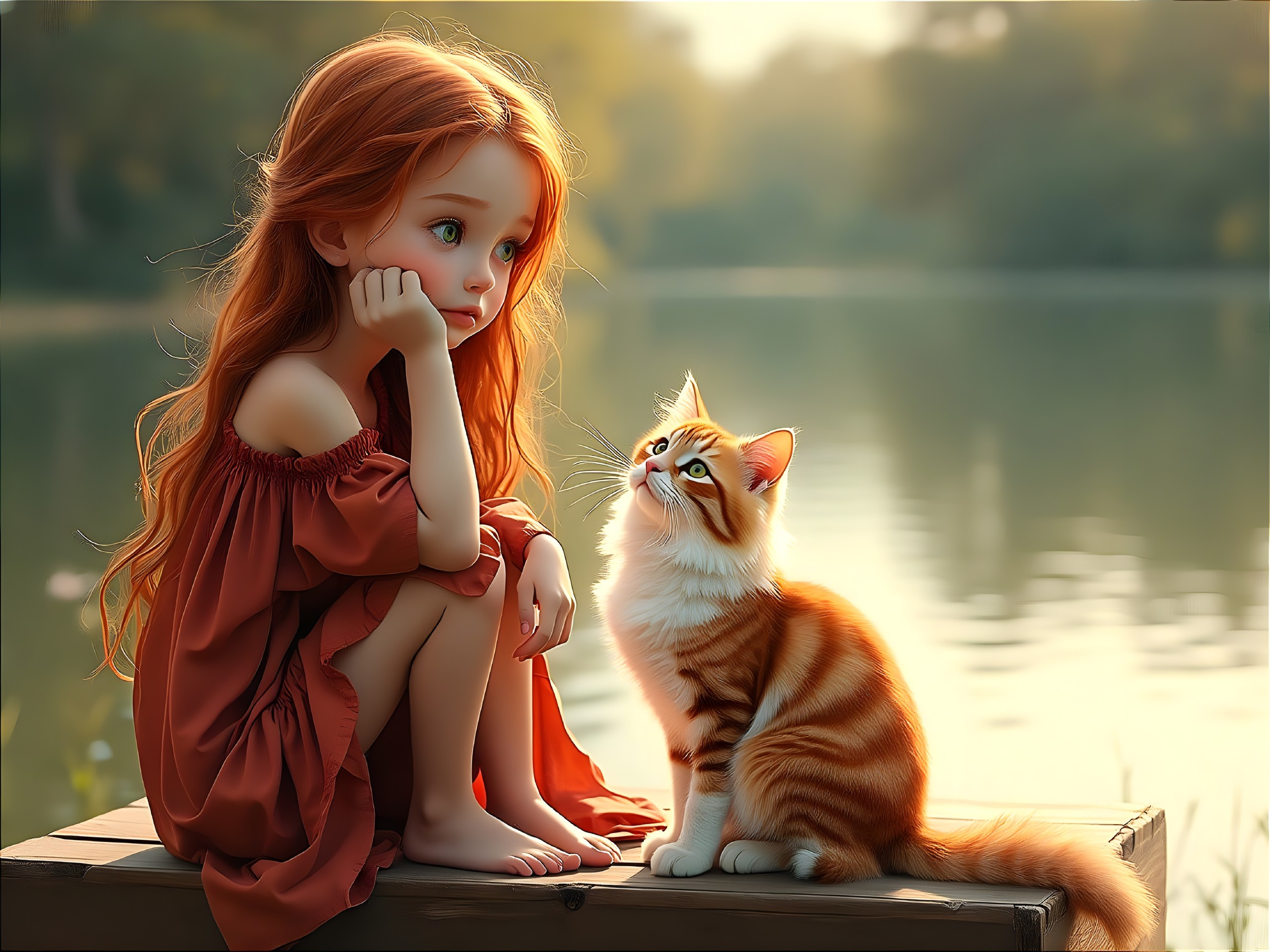 Young girl with red hair by a tranquil lake