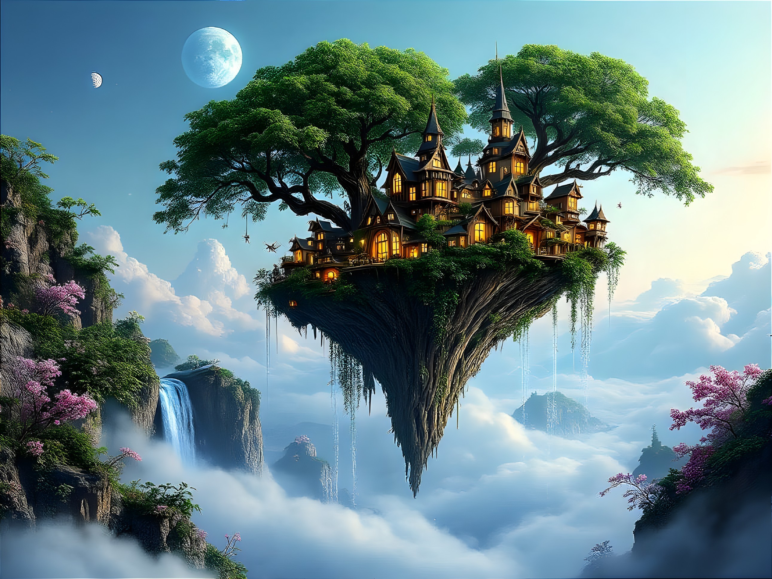 Heart-Shaped Floating Island with Lush Greenery and Waterfalls