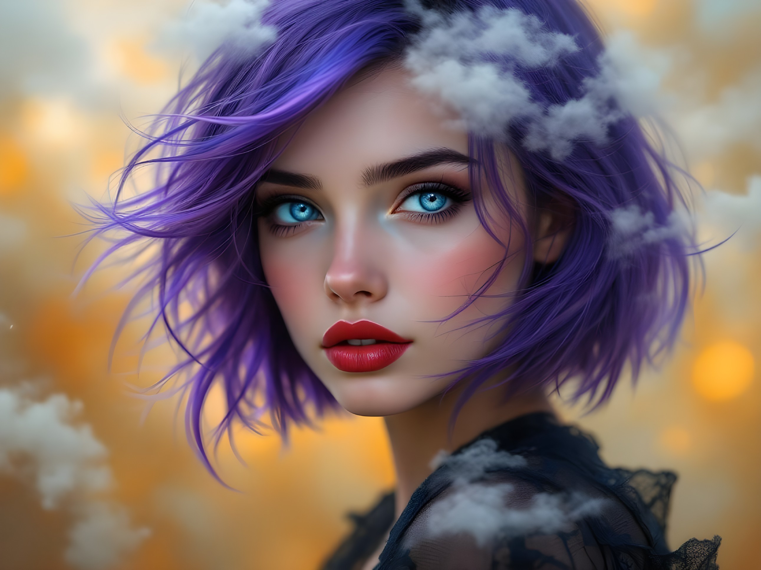 Portrait of a Young Woman with Purple Hair and Blue Eyes