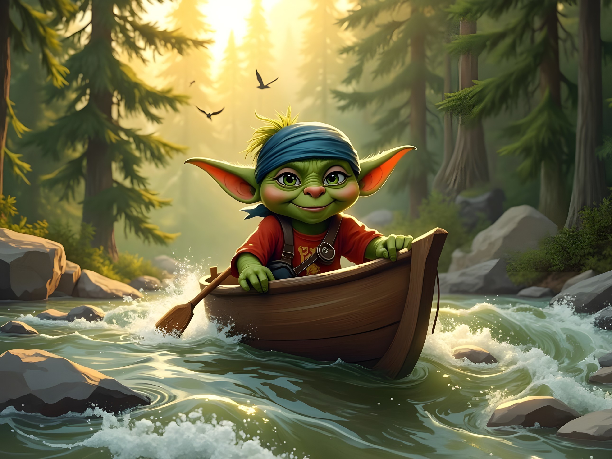 Cheerful green creature in boat on lively river