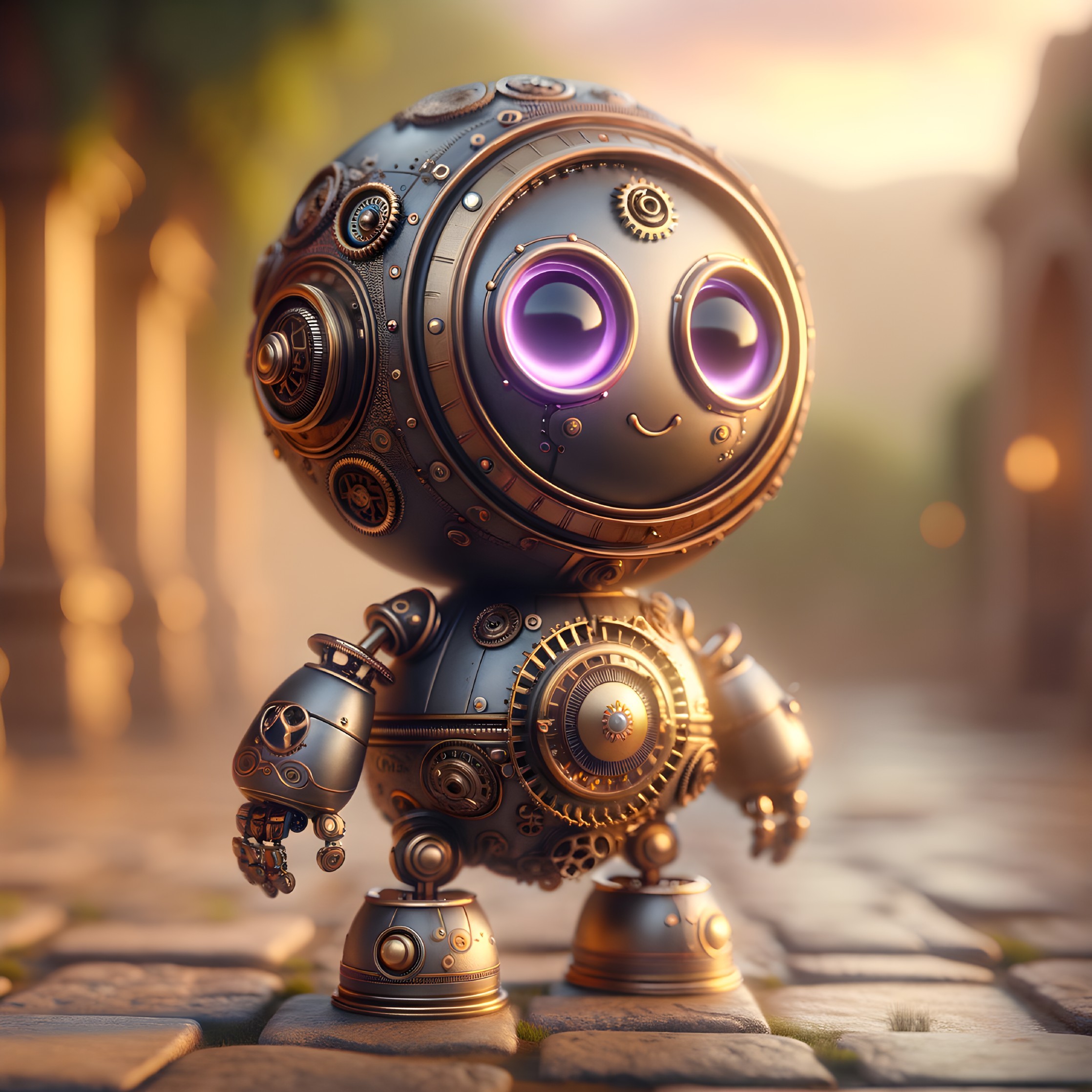 Steampunk-Inspired Robot with Glowing Purple Eyes
