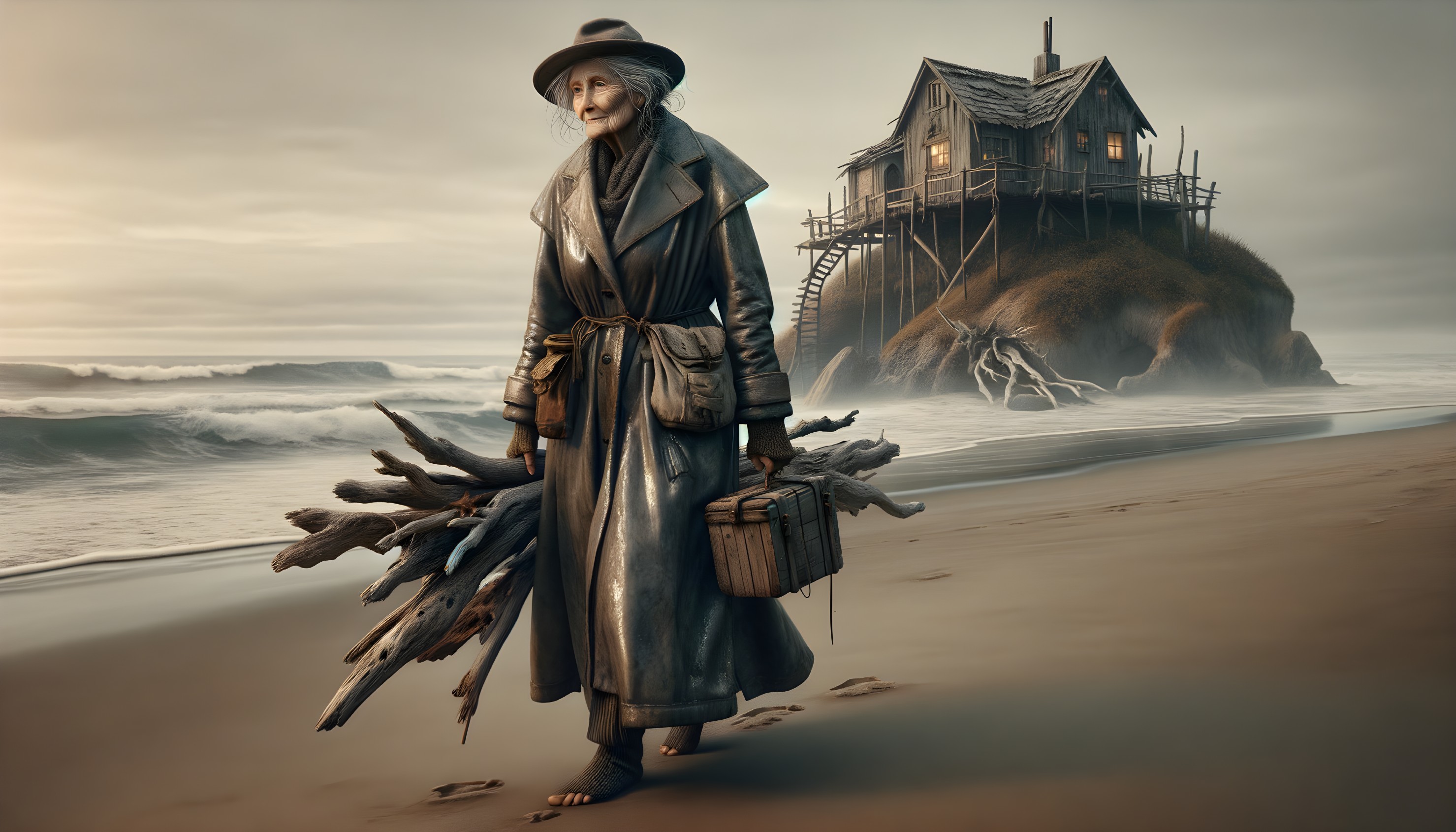 Elderly Woman Walking on Beach with Firewood and Suitcase