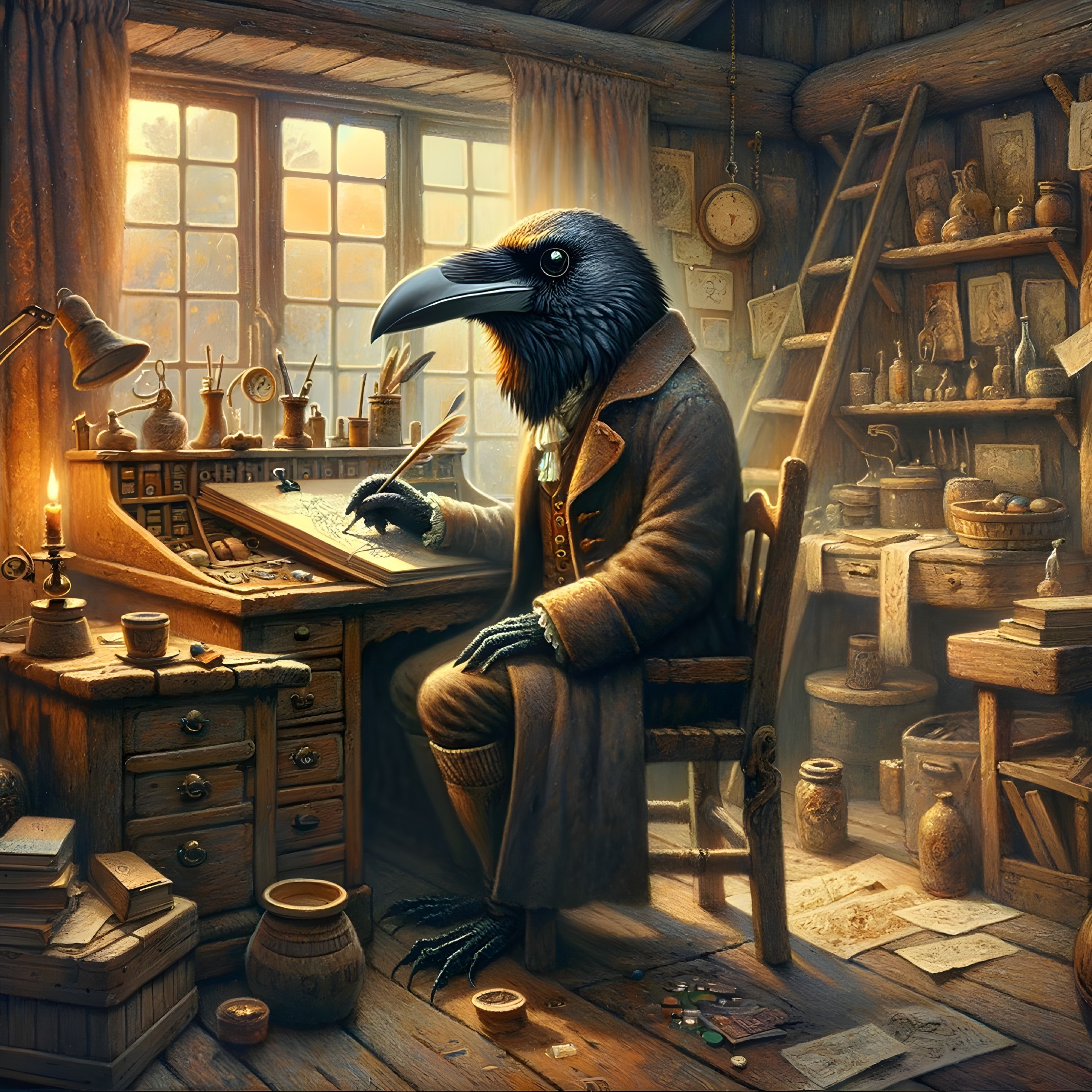 Raven Writing in a Cozy Workshop with Candlelight