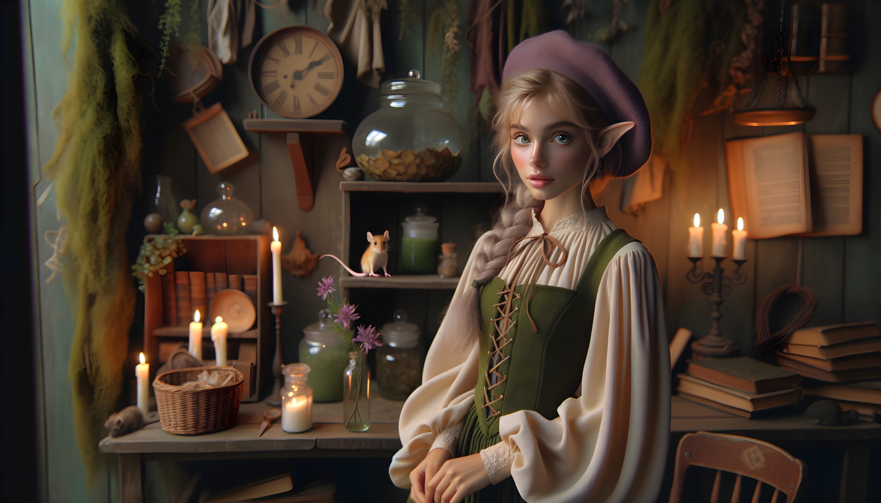 Young Elf Woman in Cozy Dimly Lit Room