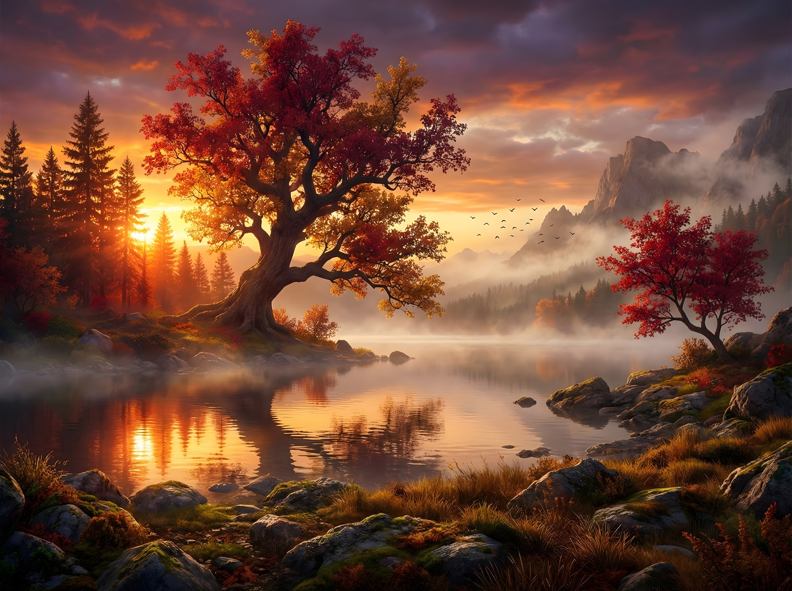 Autumn Sunrise Over Tranquil Lake with Mist and Trees