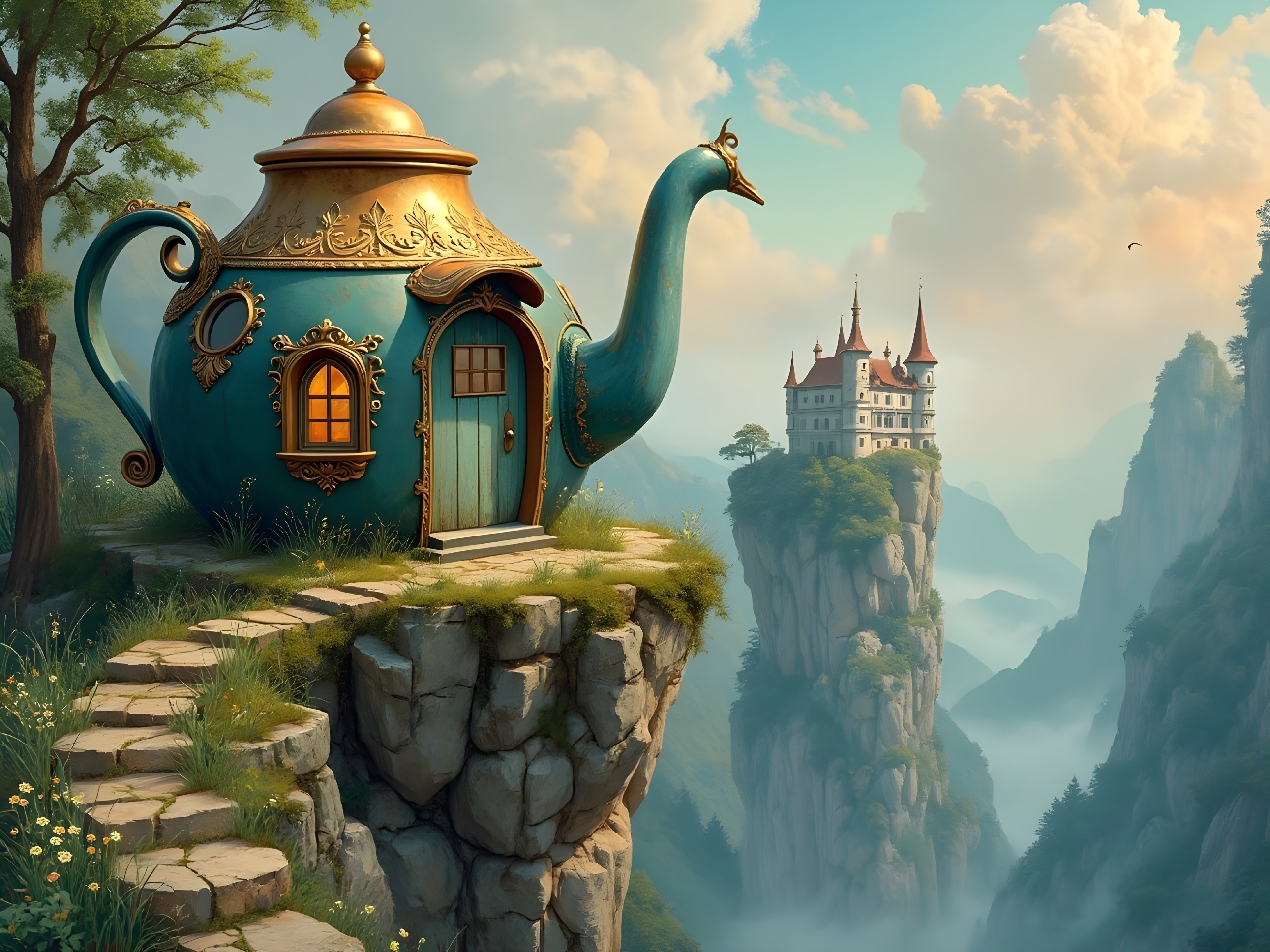 Teapot-Shaped House on Cliff with Fairytale Castle