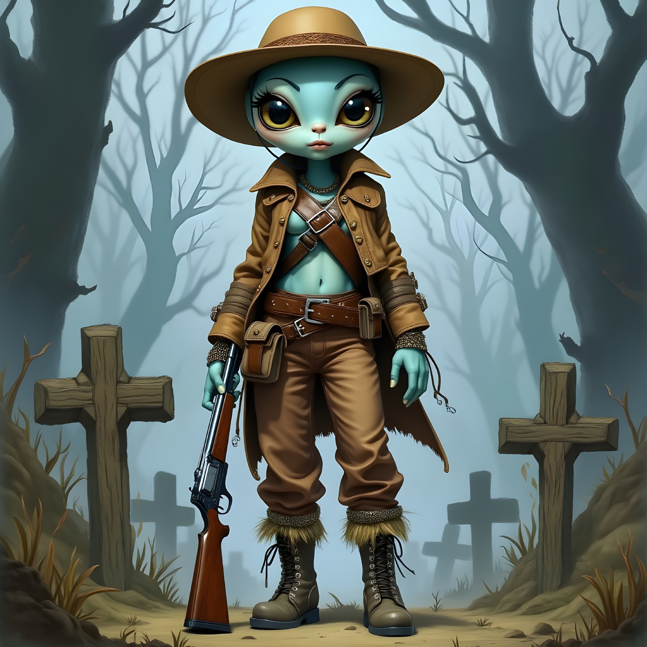Whimsical Alien Character in Foggy Graveyard Setting