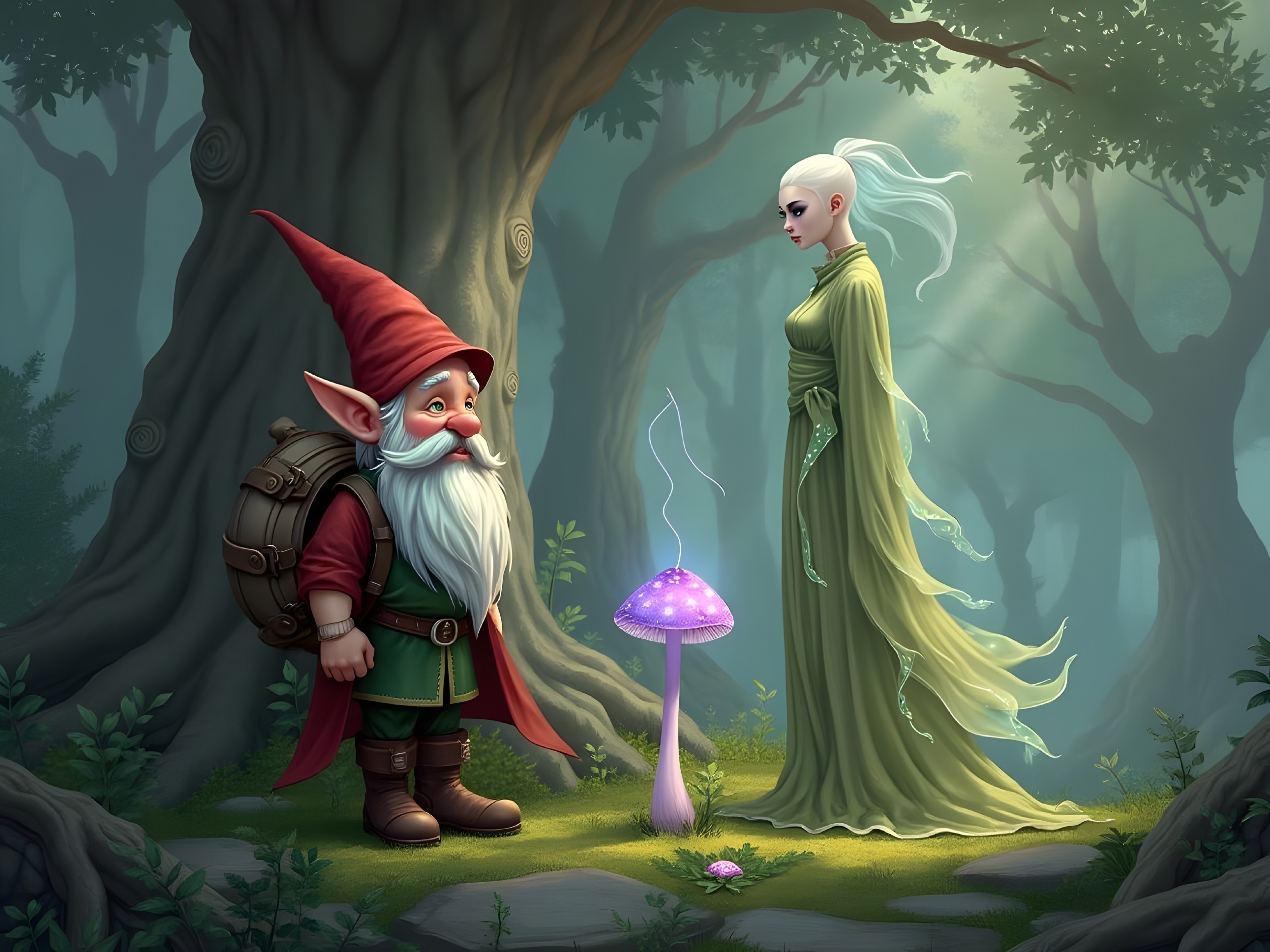 Gnome and Ethereal Figure in a Mystical Forest Scene