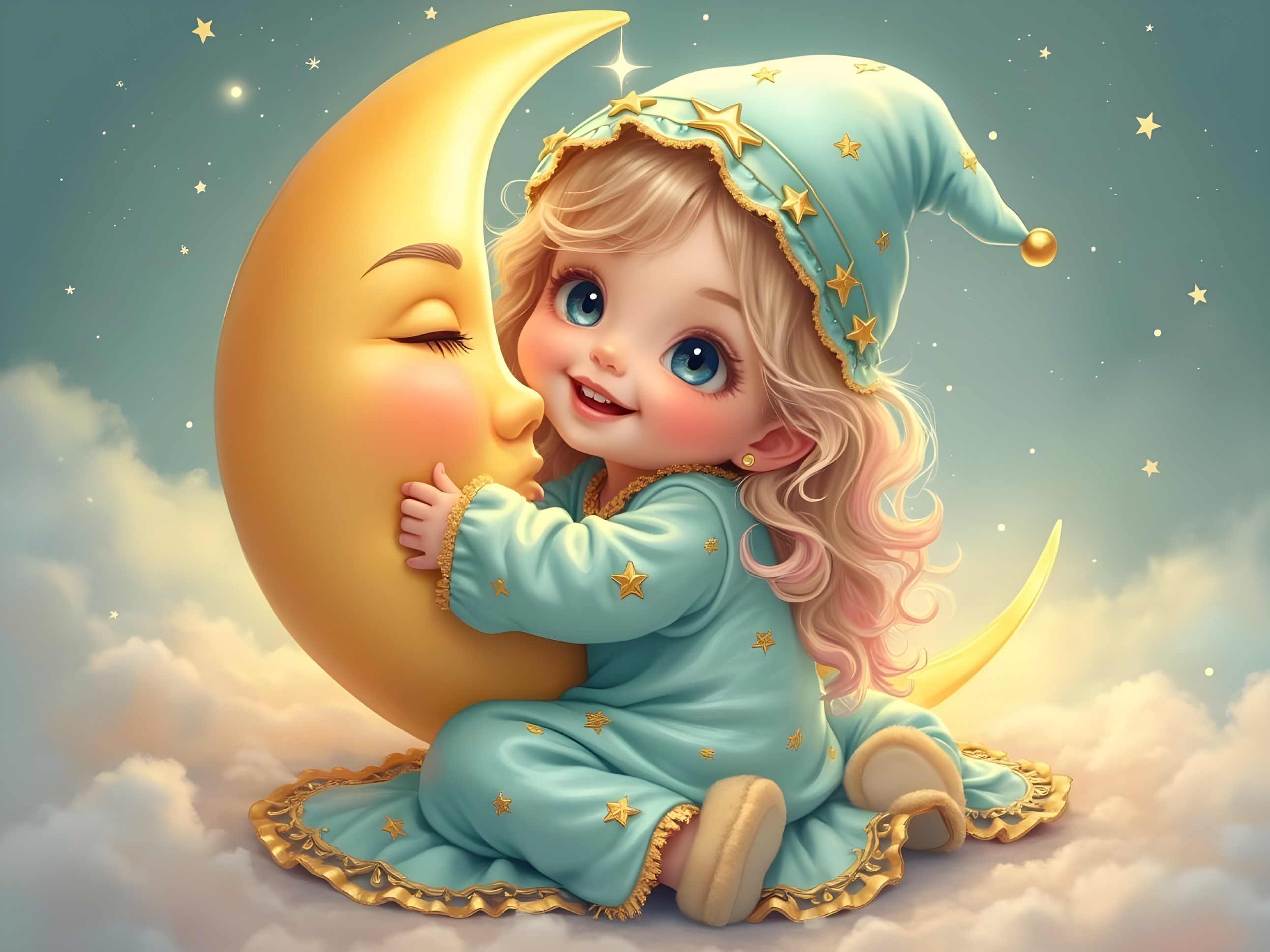 Whimsical Child Embracing Crescent Moon in Night Sky