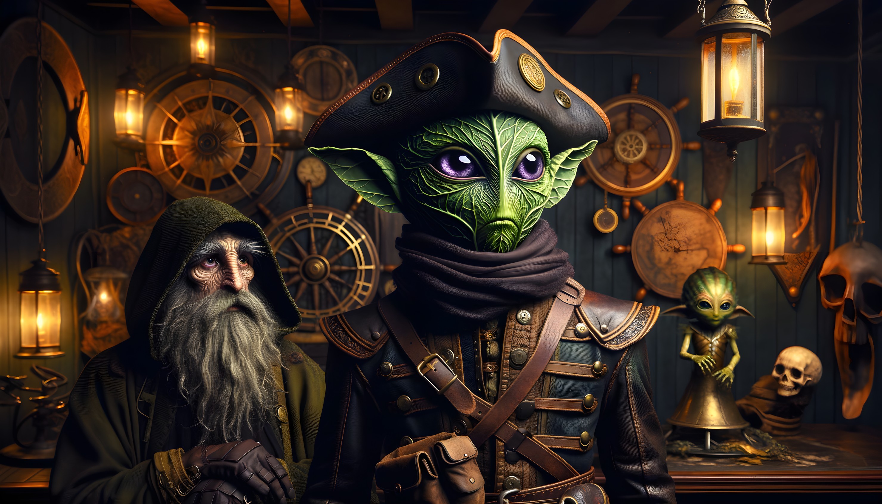 Steampunk Alien Pirate in Dimly Lit Room