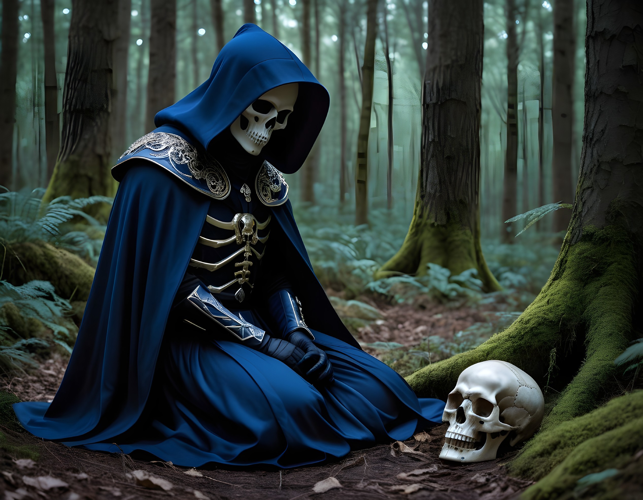 Cloaked Figure with Skull Face in Misty Forest Setting