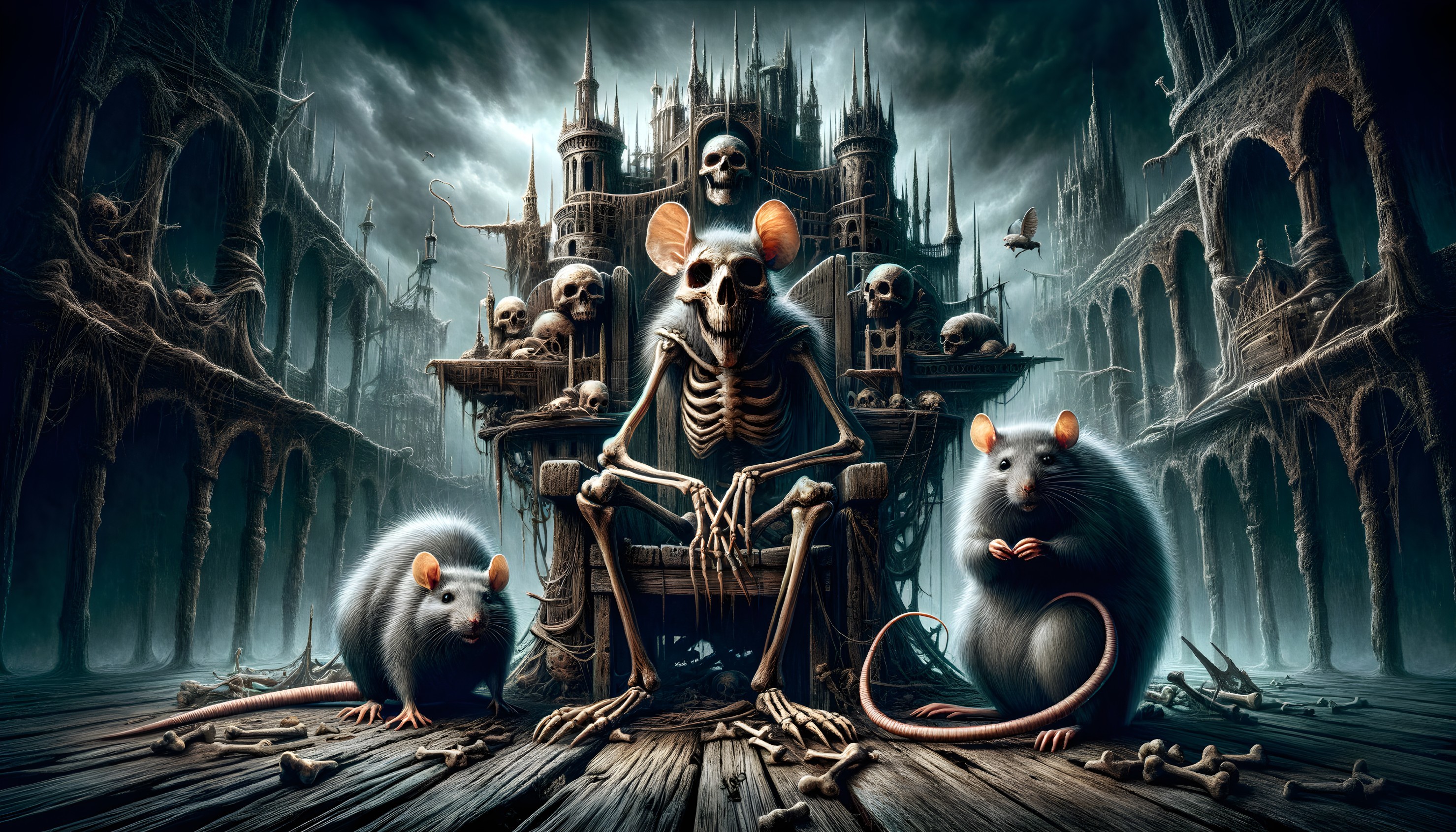 Skeletal Figure on Throne in Gothic Castle Setting