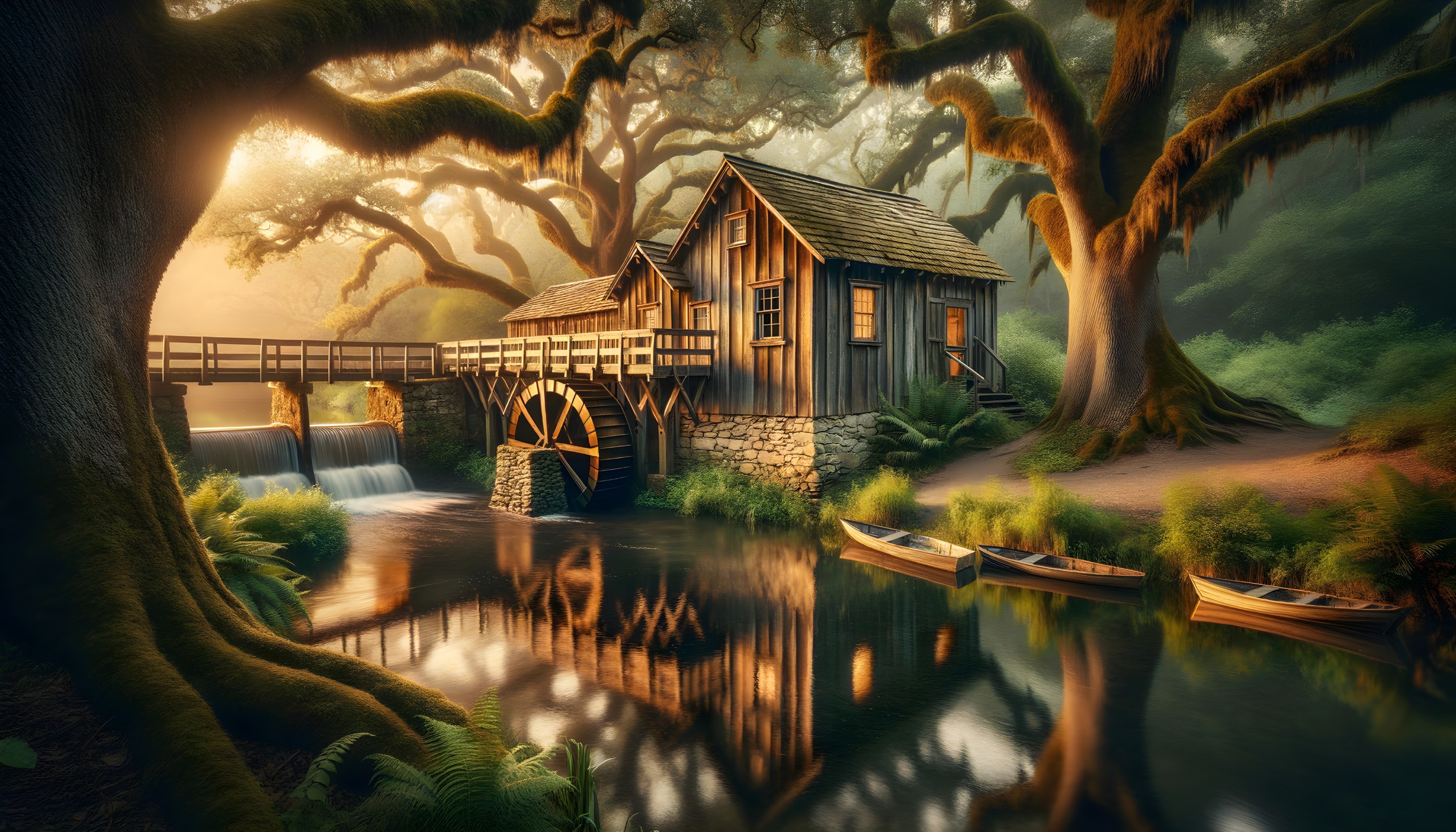 Idyllic Watermill Surrounded by Verdant Trees at Dawn