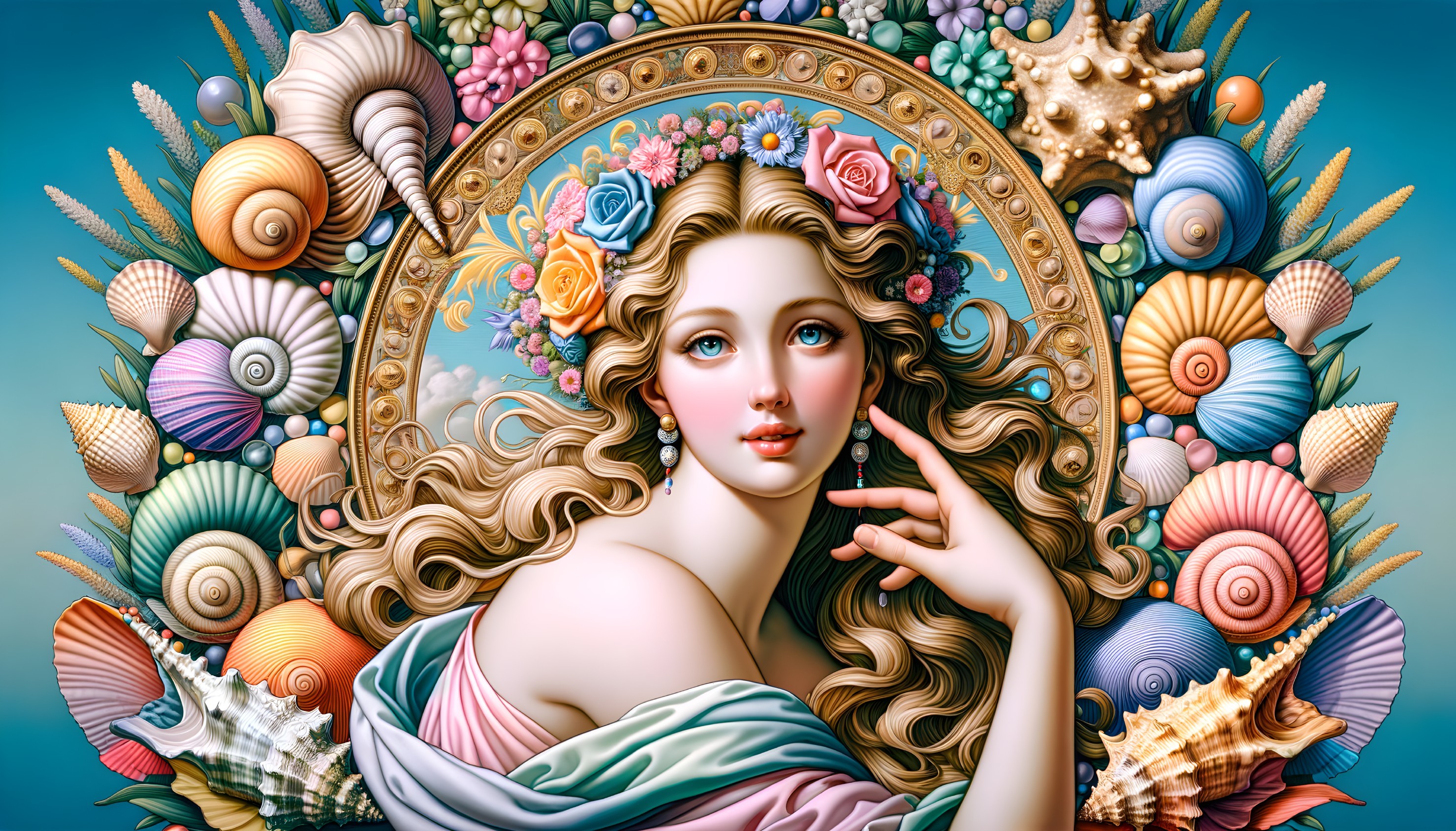 Enchanting Woman Surrounded by Vibrant Seashells