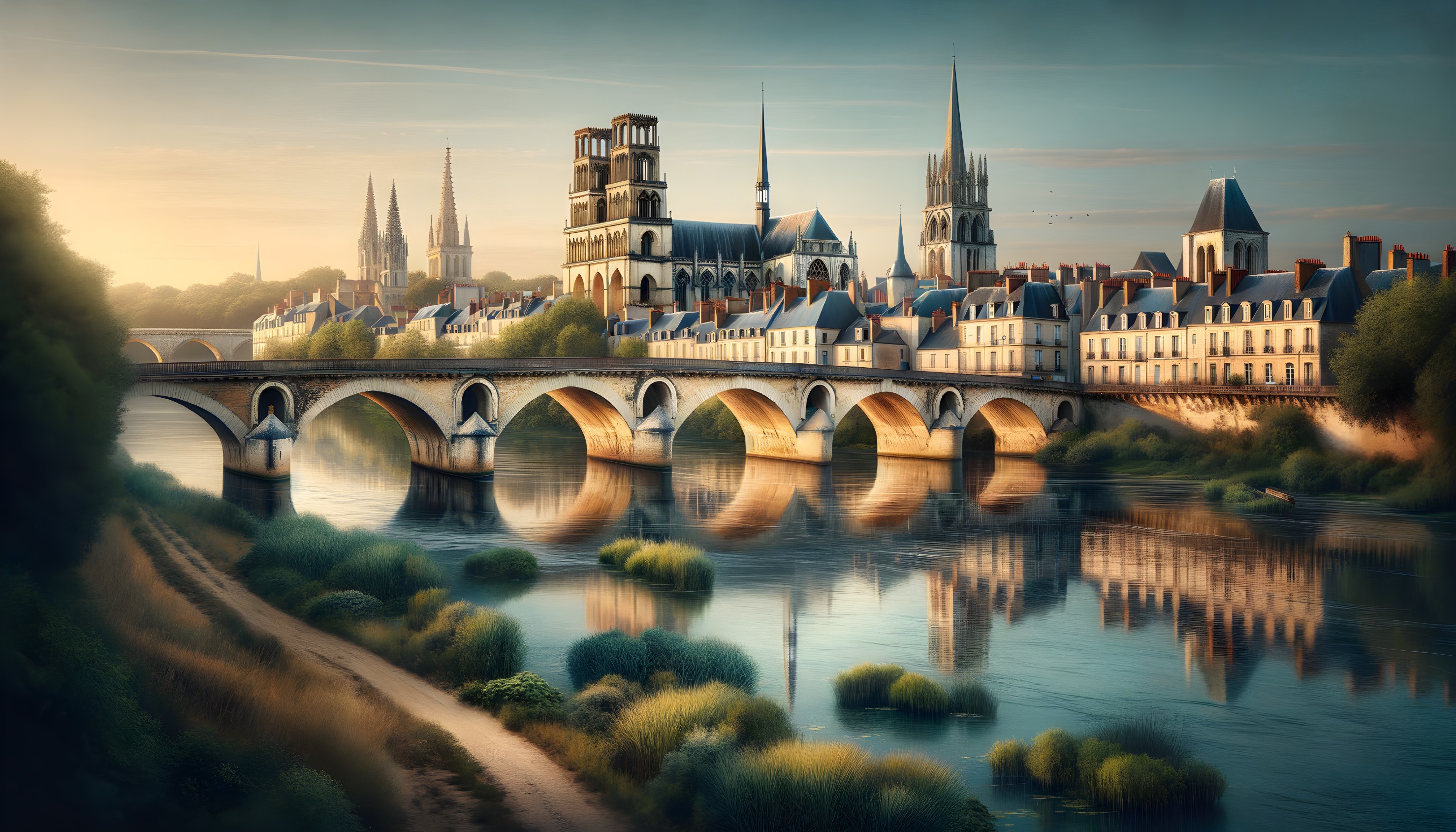 Tranquil Waters: Orléans Bridge and Cathedral