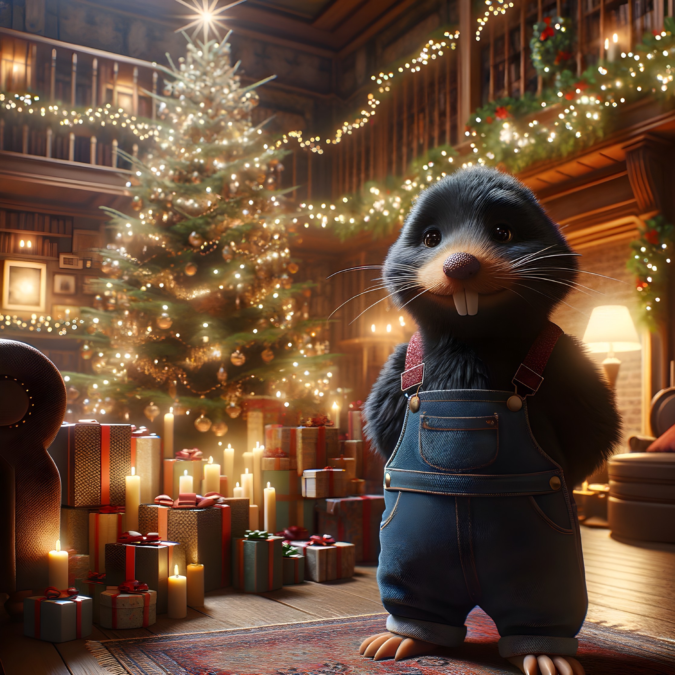 Animated Mole in a Cozy Holiday Living Room