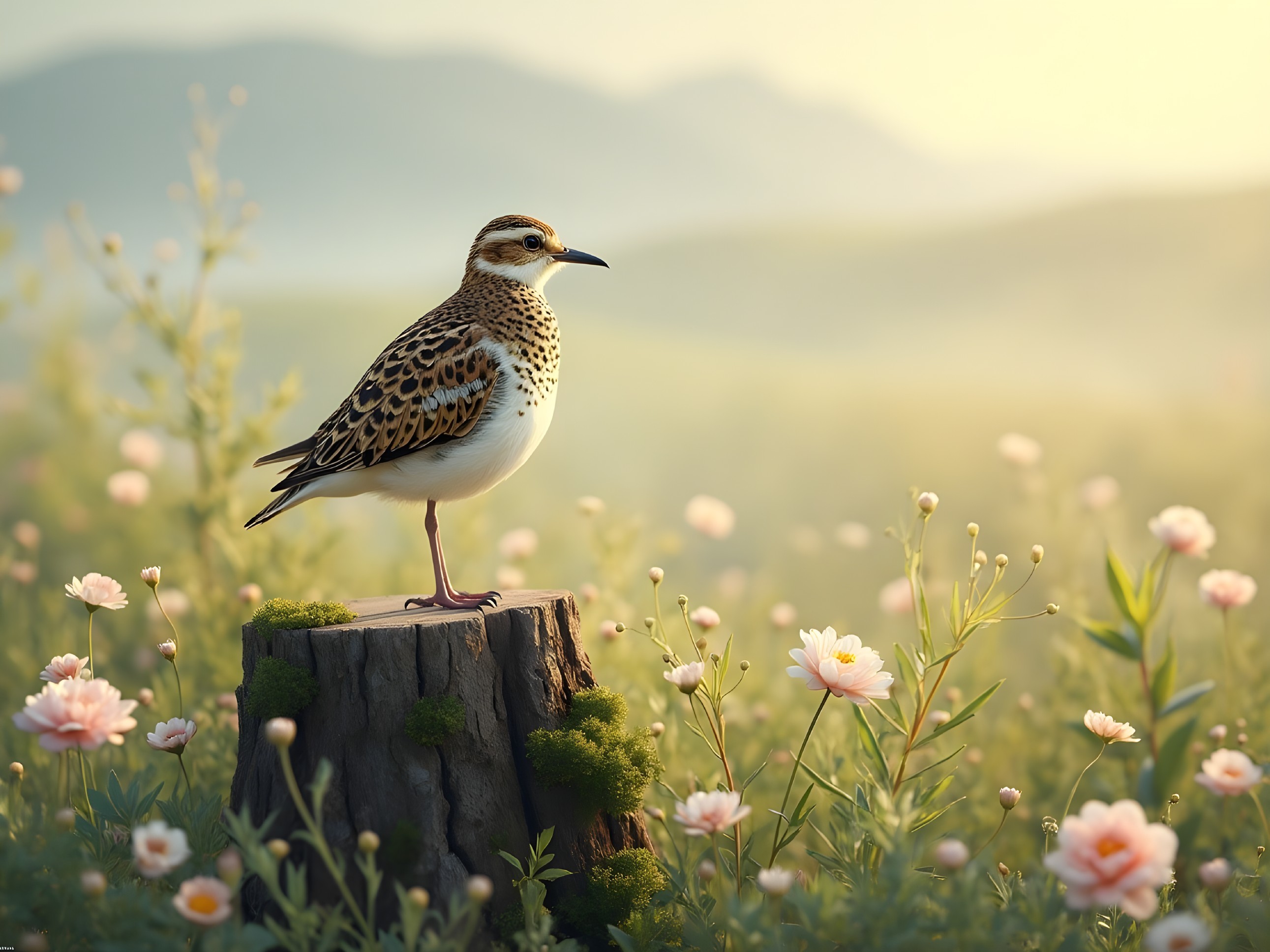 Bird on Moss-Covered Stump in Serene Meadow Scene