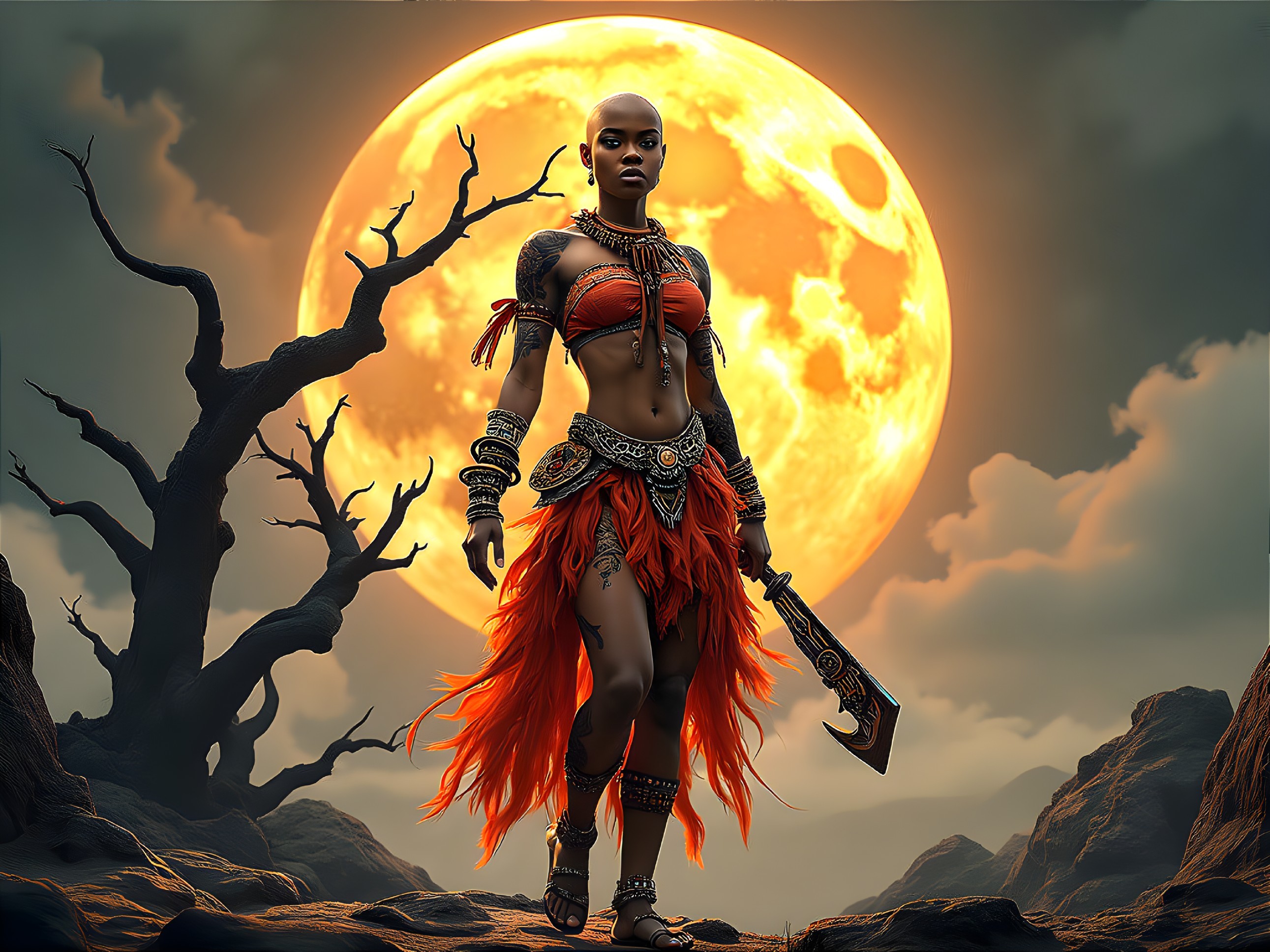 Warrior in Tribal Attire Against Full Moon Background