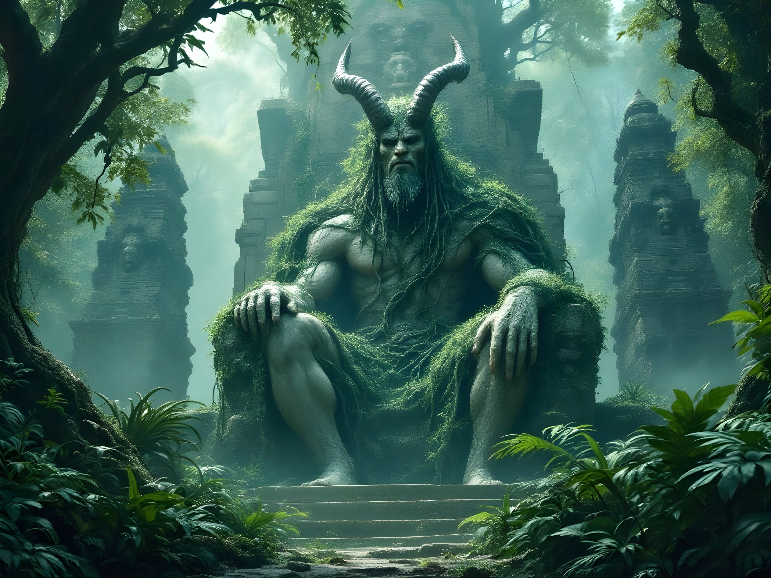 Moss-Covered Horned Statue in a Mystical Forest