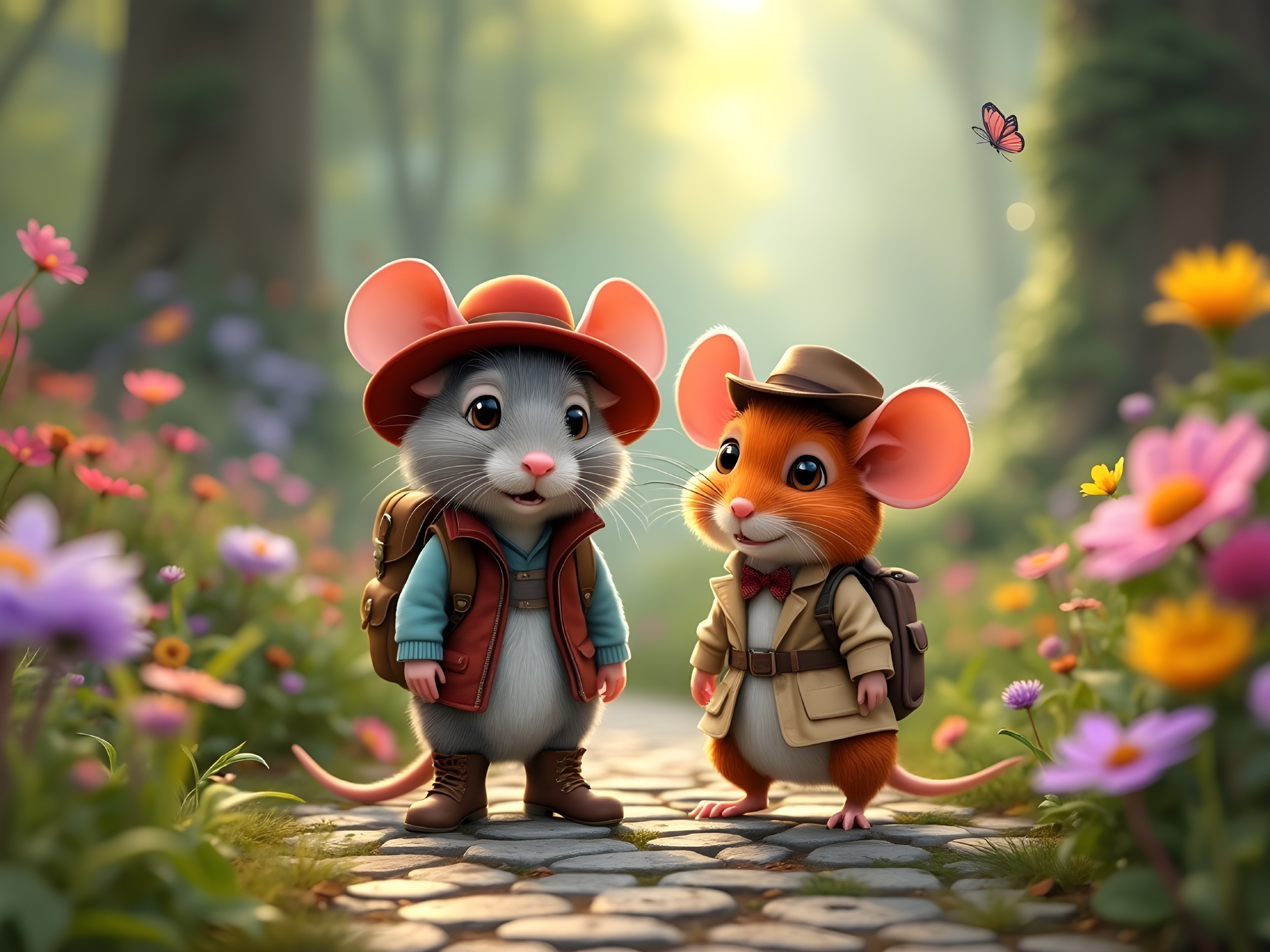 Charming Cartoon Mice in a Vibrant Flowering Forest
