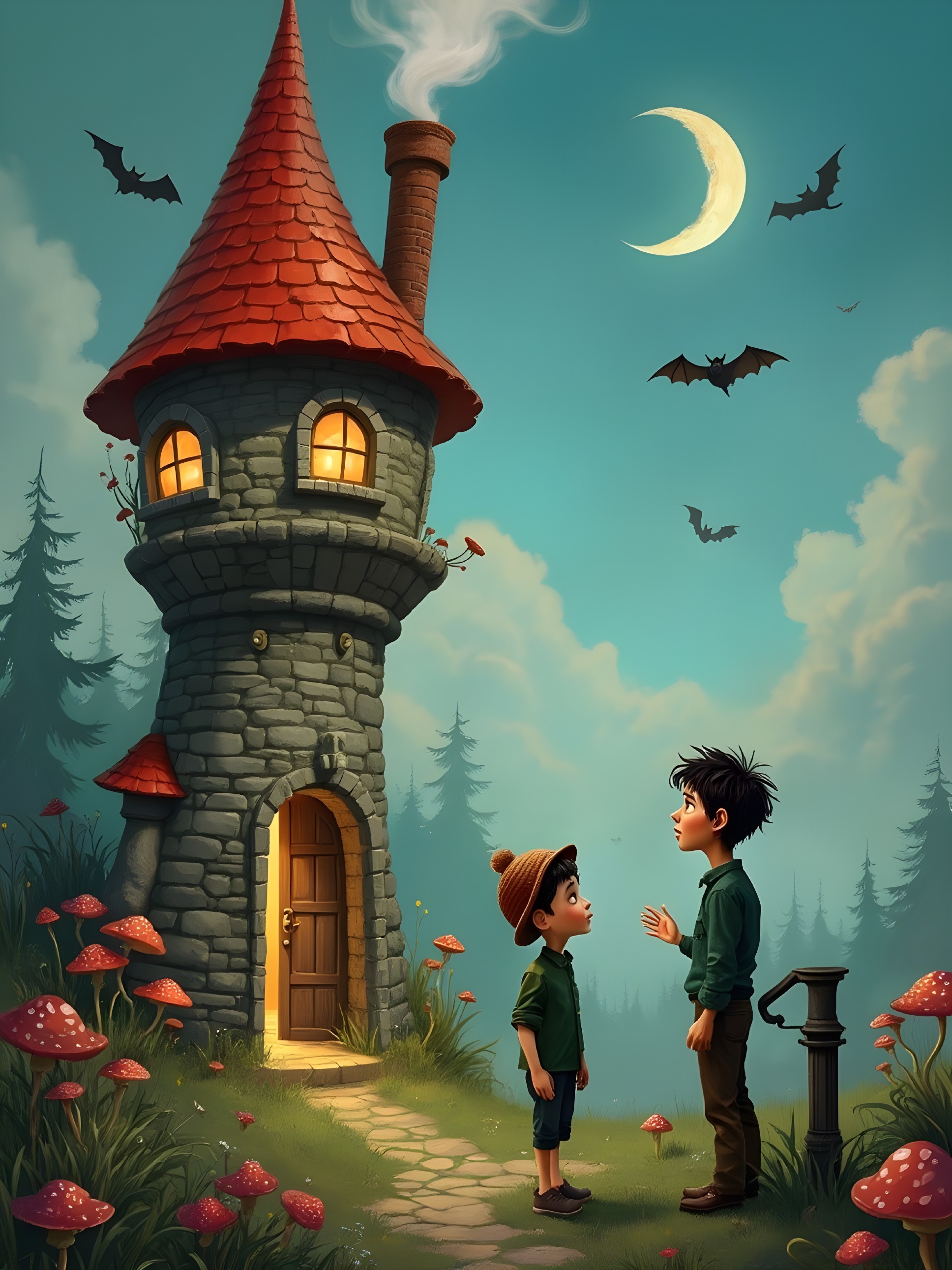 Whimsical Scene of Boys by Stone Tower at Twilight