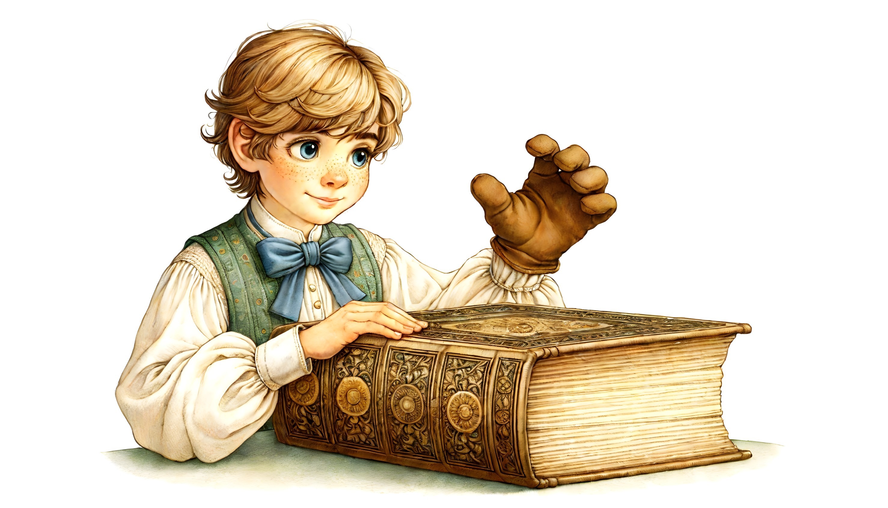 Freckled boy in bow tie and vest opening ornate book with gloves