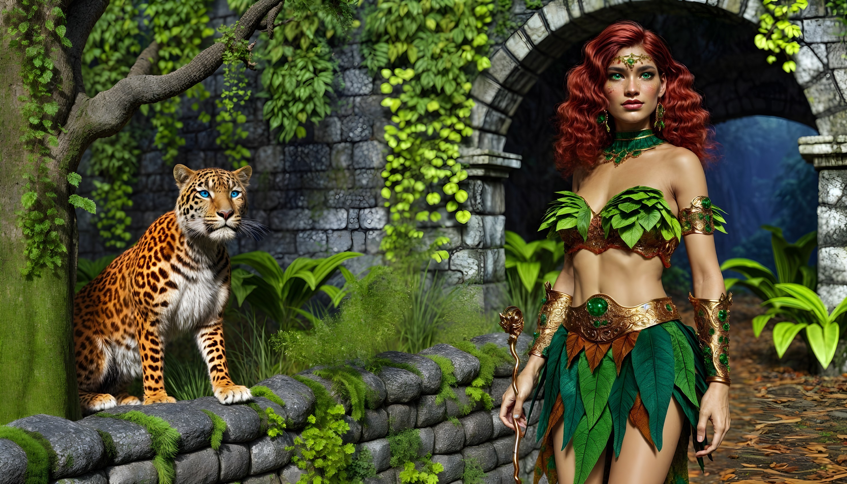 Jungle Scene with Woman in Leaf Costume and Leopard