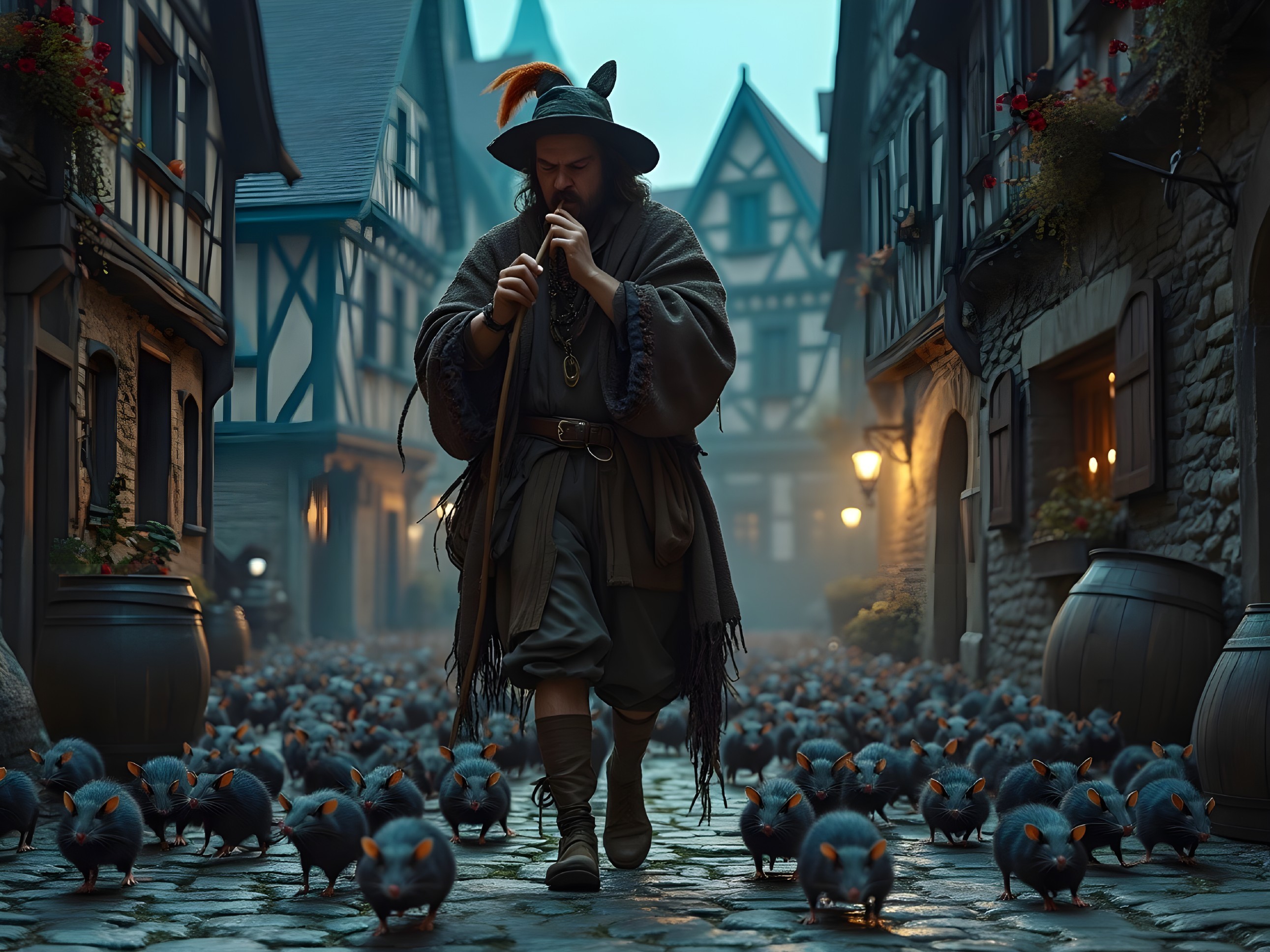 Whimsical Scene of Cloaked Musician and Furry Creatures