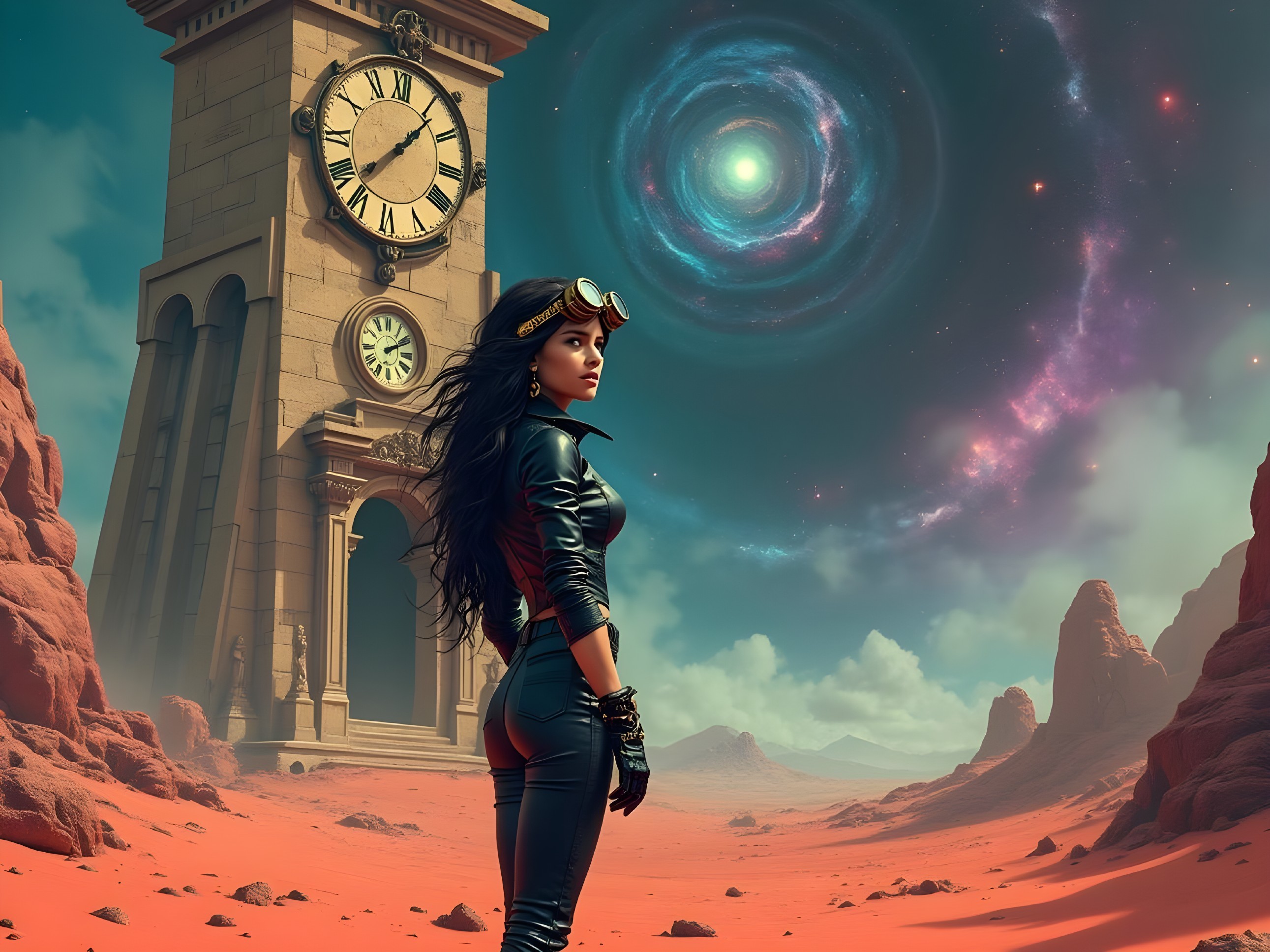 Surreal Desert Scene with Woman and Cosmic Elements