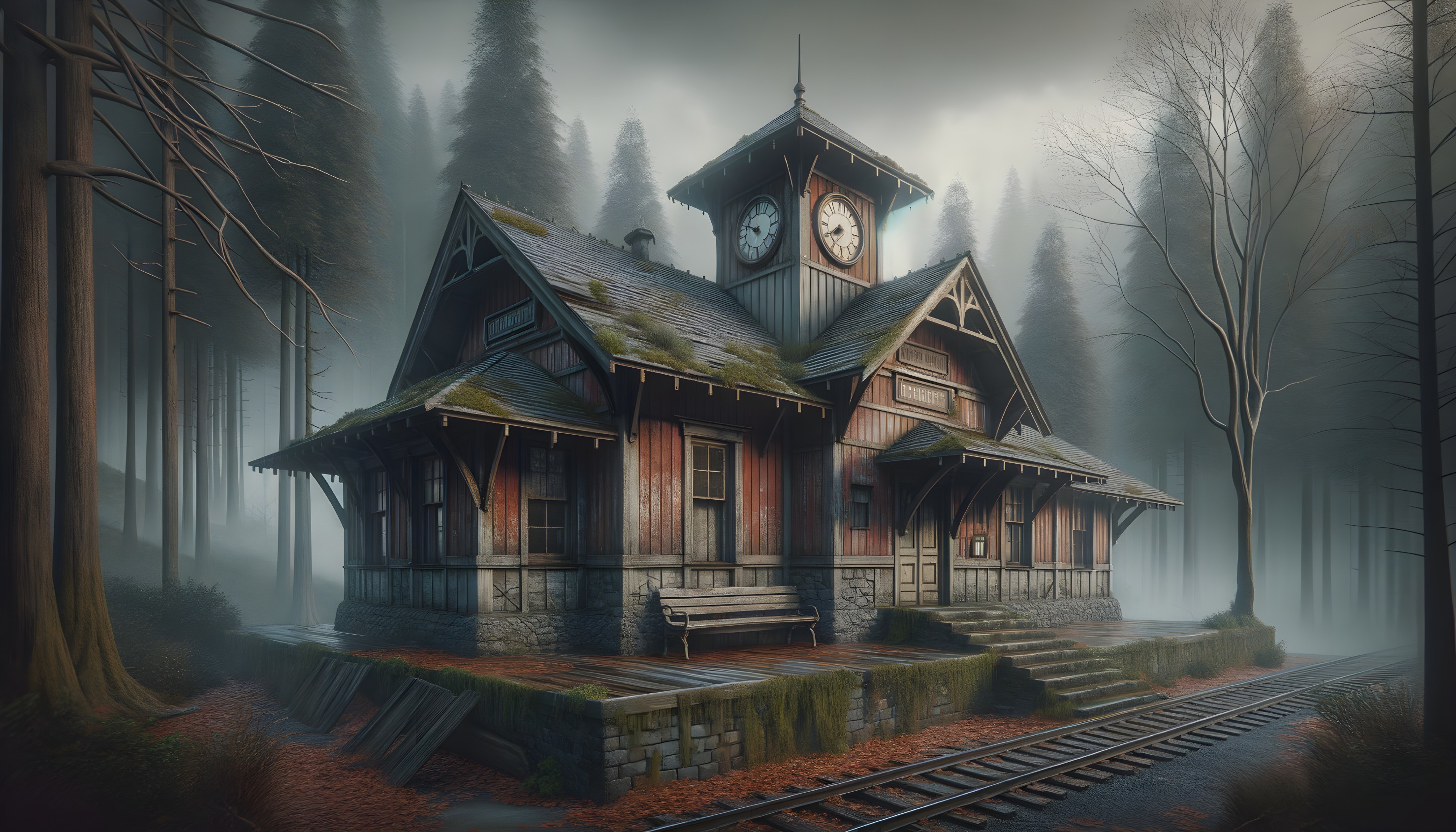 Foggy Forest Train Station with Rustic Architecture