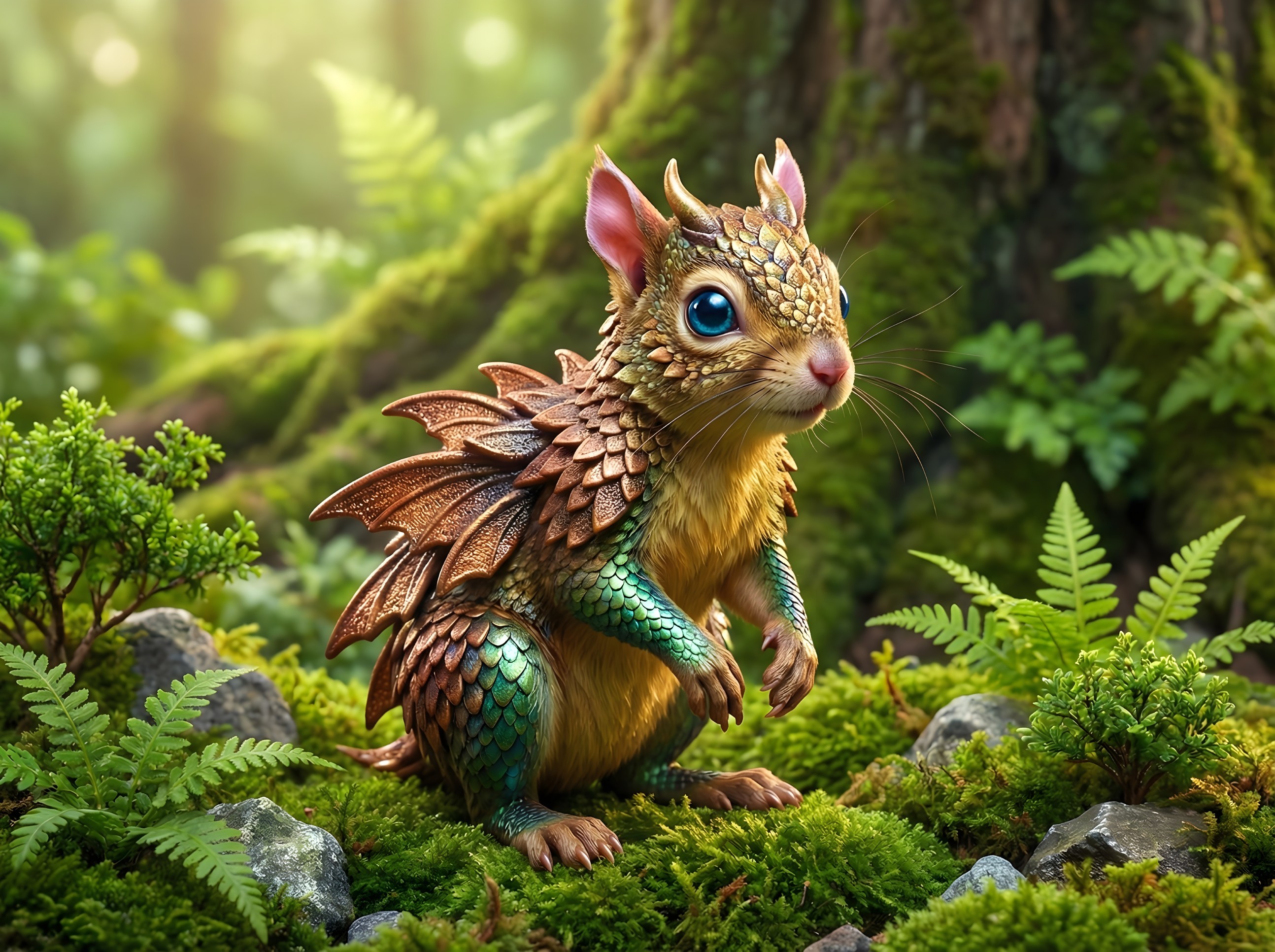 Digital painting of a squirrel-dragon creature in forest