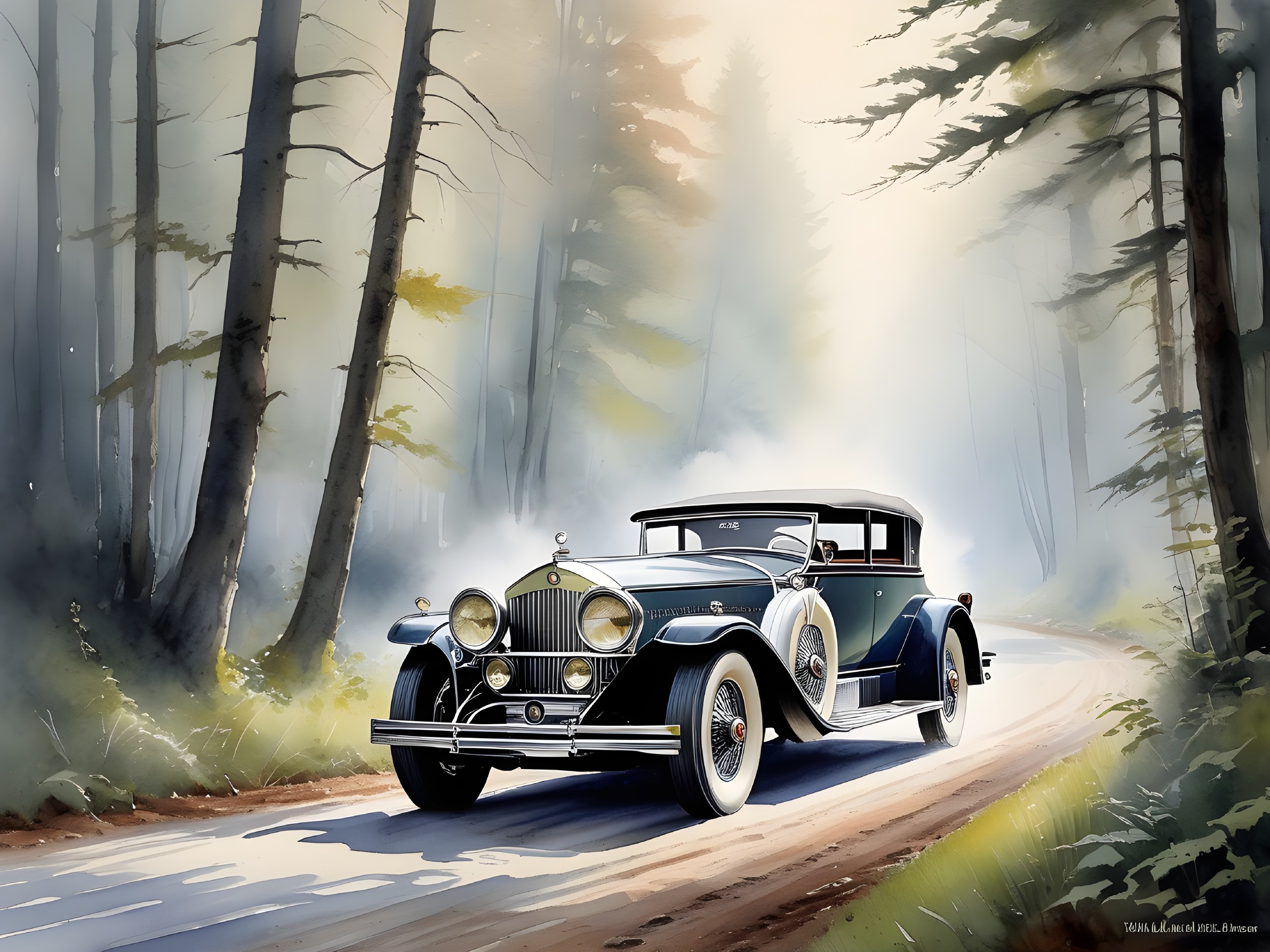 Vintage car on a misty forest road with tall trees