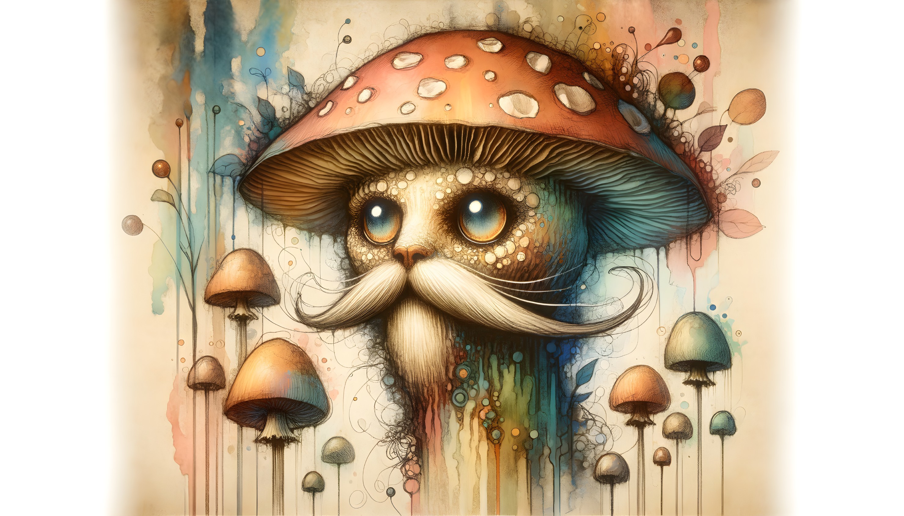 Whimsical Cat with Mushroom Cap in Watercolor Scene