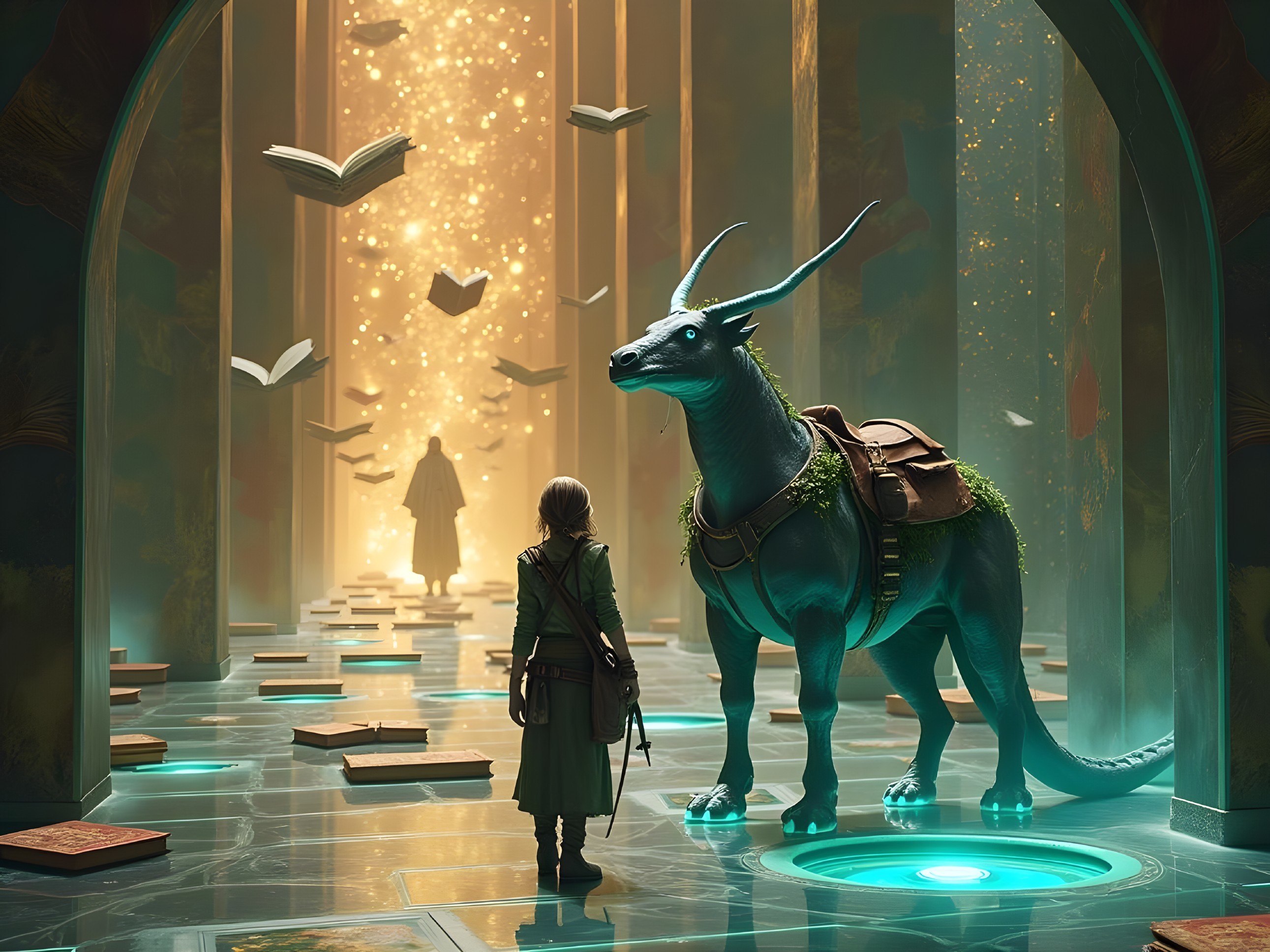 Mystical Library Scene with Floating Books and Creature