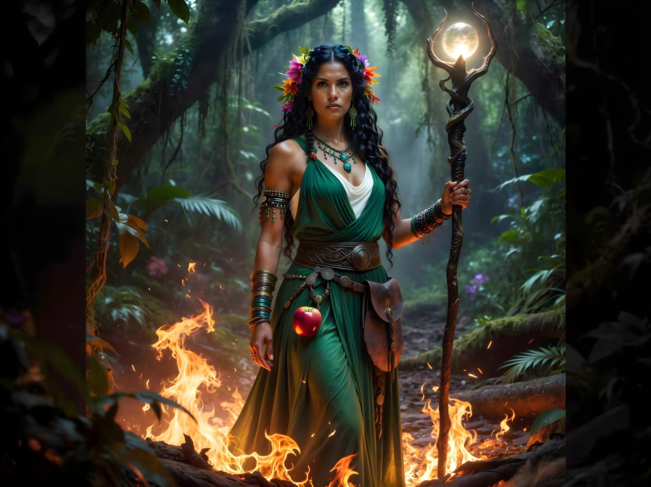 Enchantress in Emerald Dress Amidst Lush Forest Setting