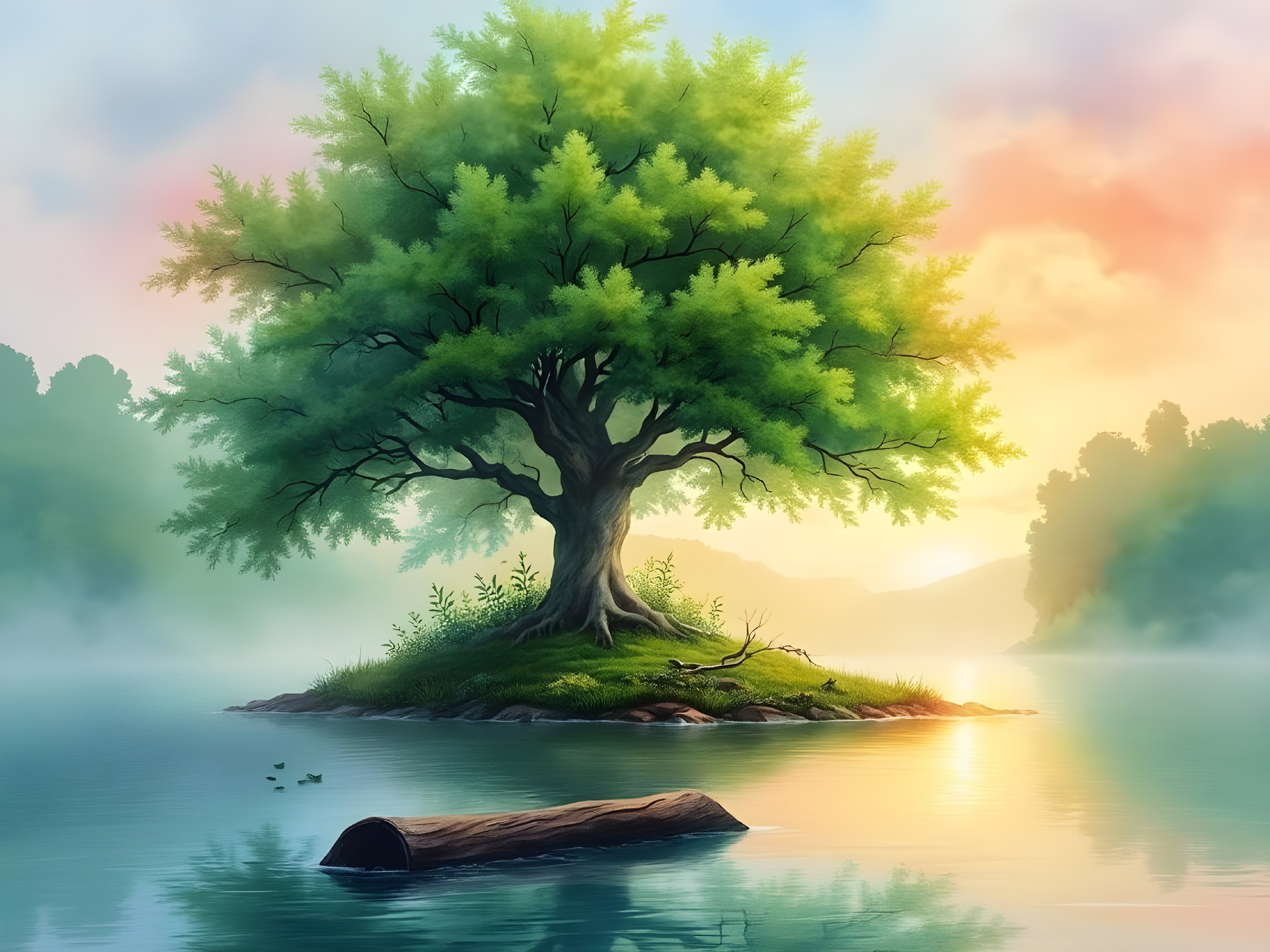 Serene Landscape with Tree on Calm Island at Dawn