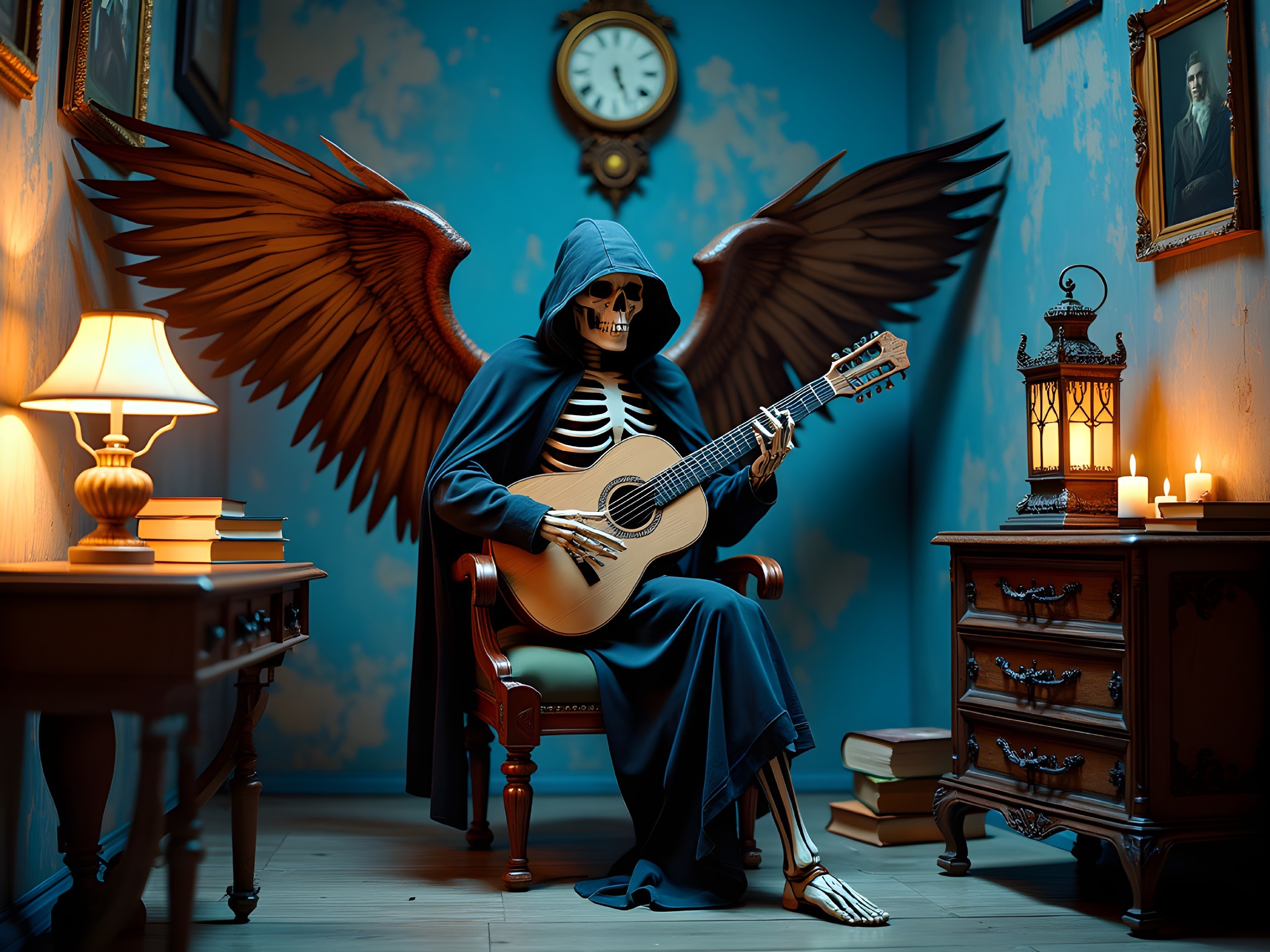 Skeleton with Wings Playing Guitar in Vintage Room