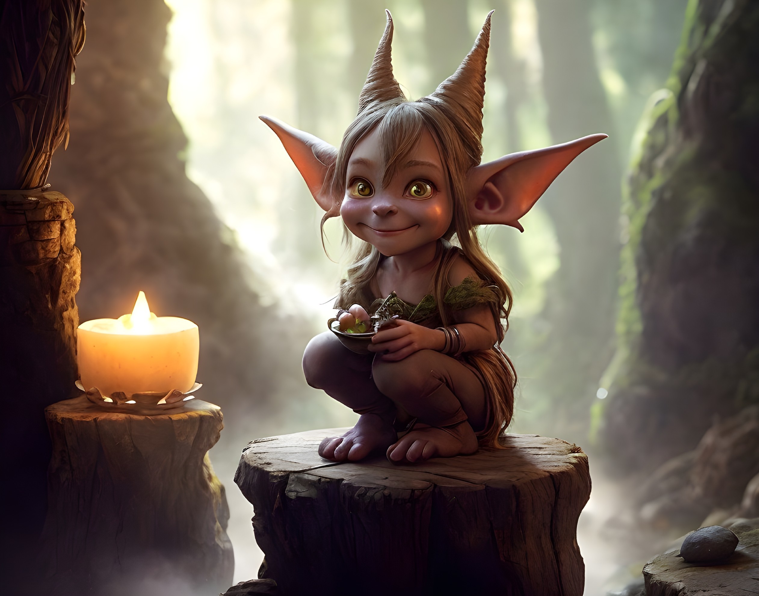 Whimsical Impish Creature Illustration in Forest Setting