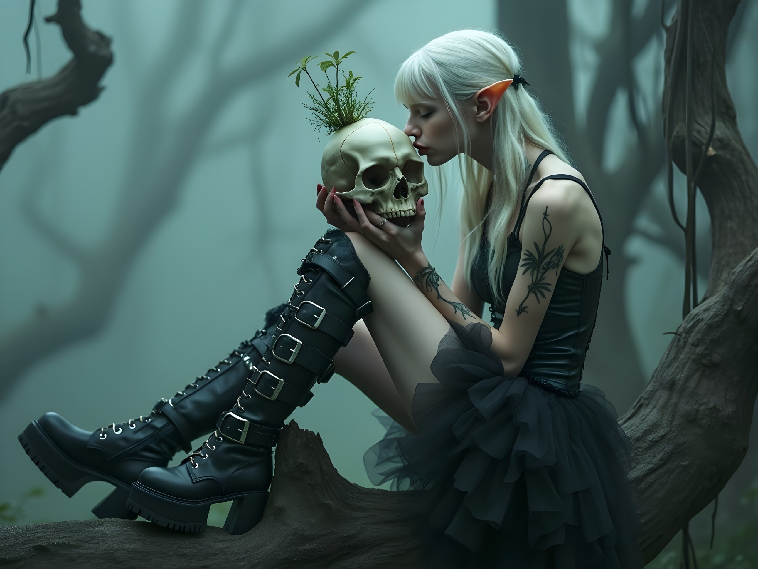 Ethereal Figure in Mystical Forest with Skull and Tattoos