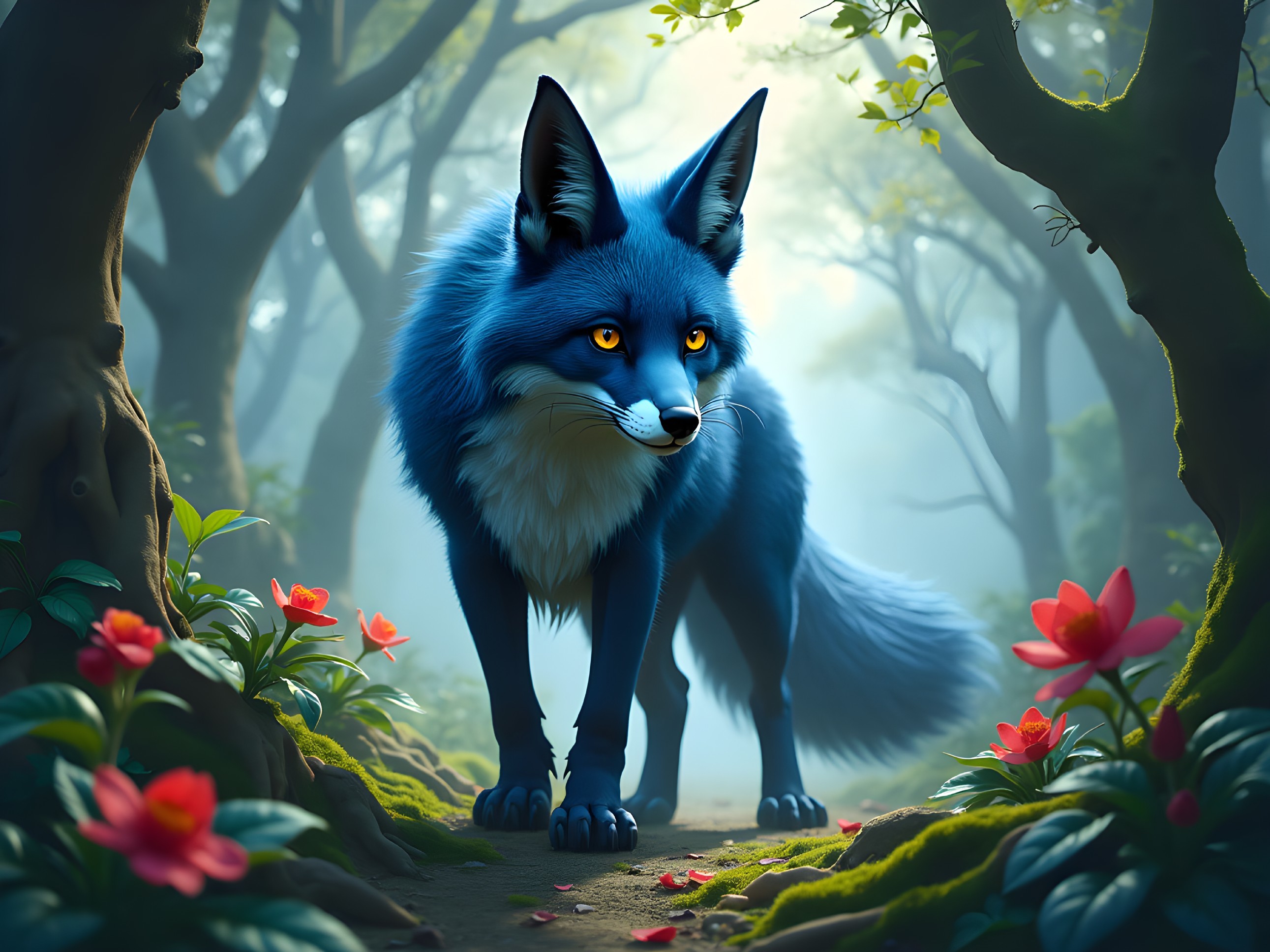 Blue Fox in Enchanted Forest with Vibrant Flowers