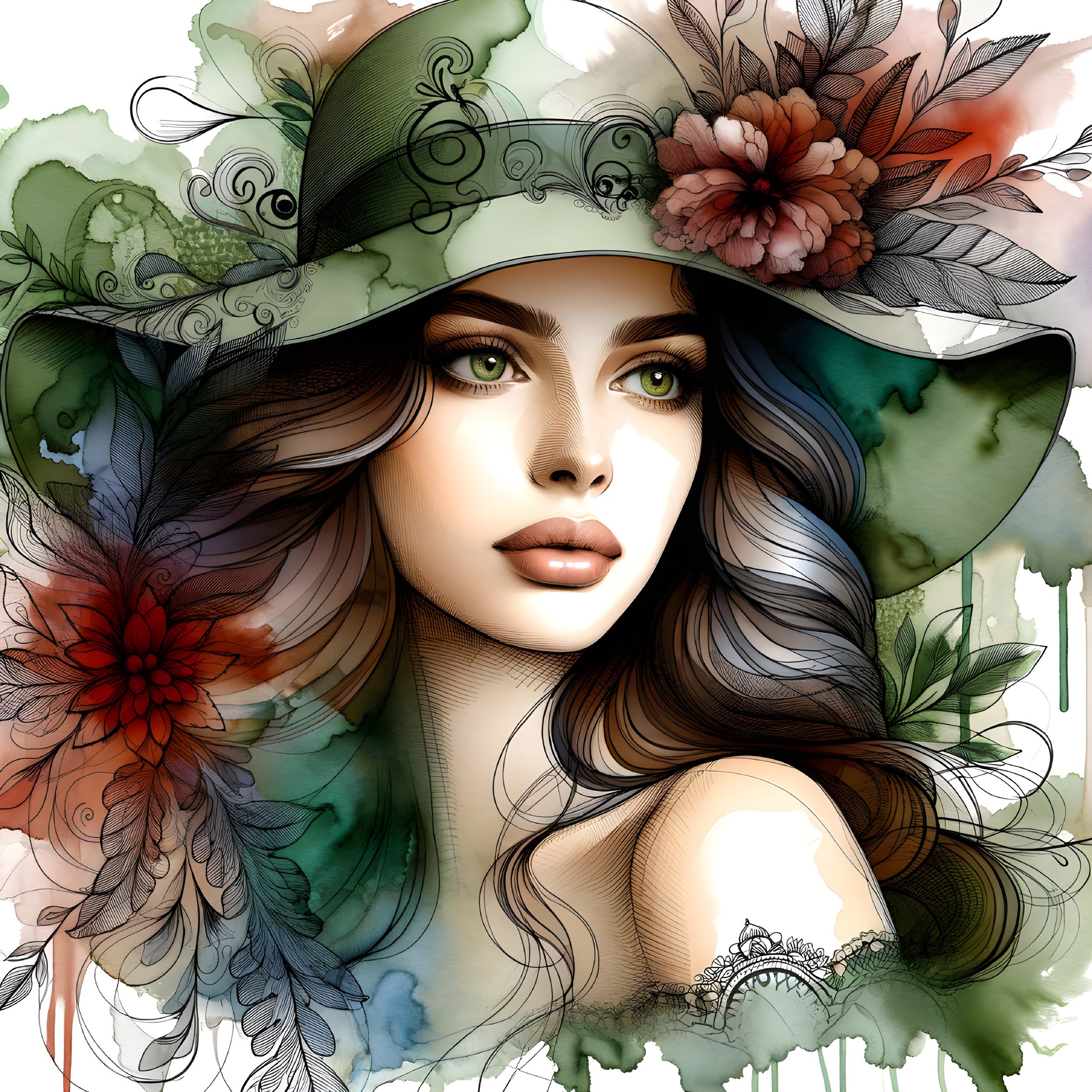 Illustration of a Woman in a Floral Hat with Green Eyes