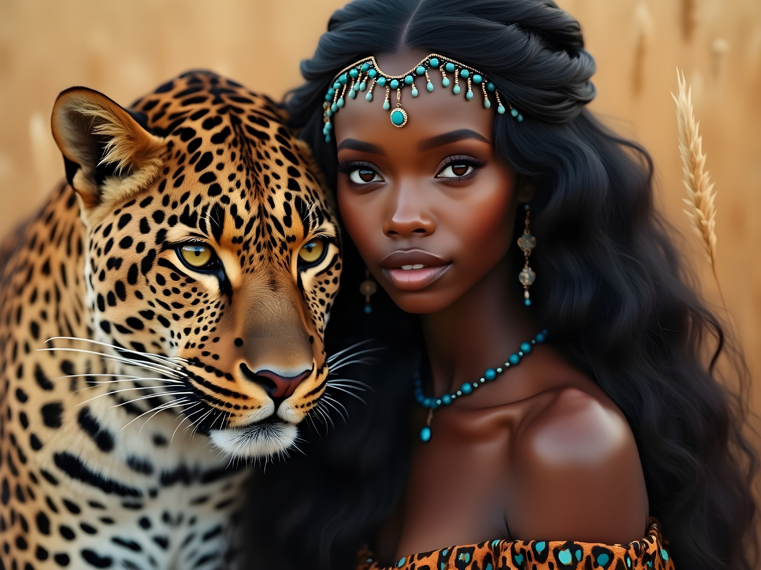 Portrait of a Young Woman with a Leopard in Nature