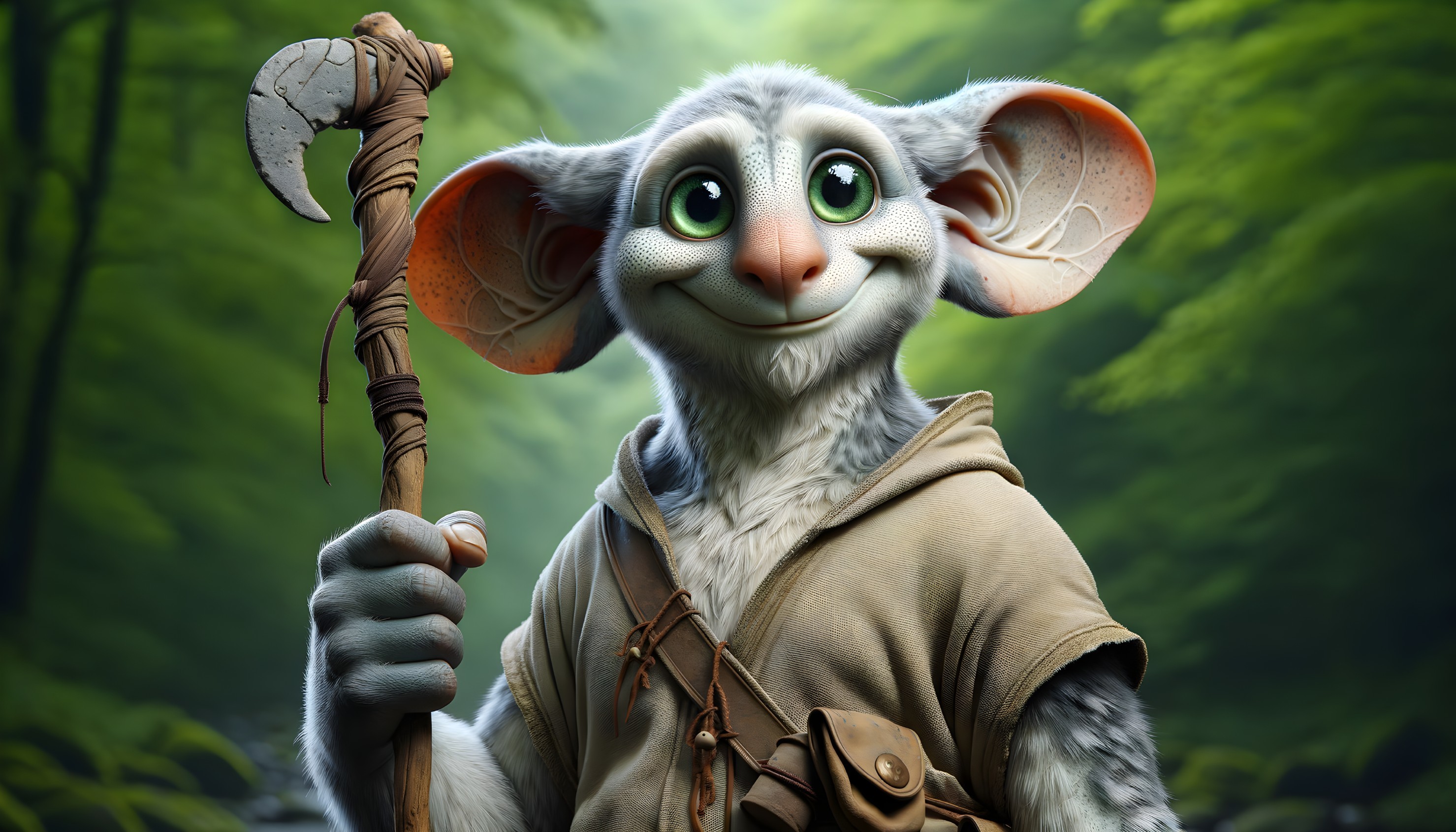 Whimsical creature in a lush forest with staff