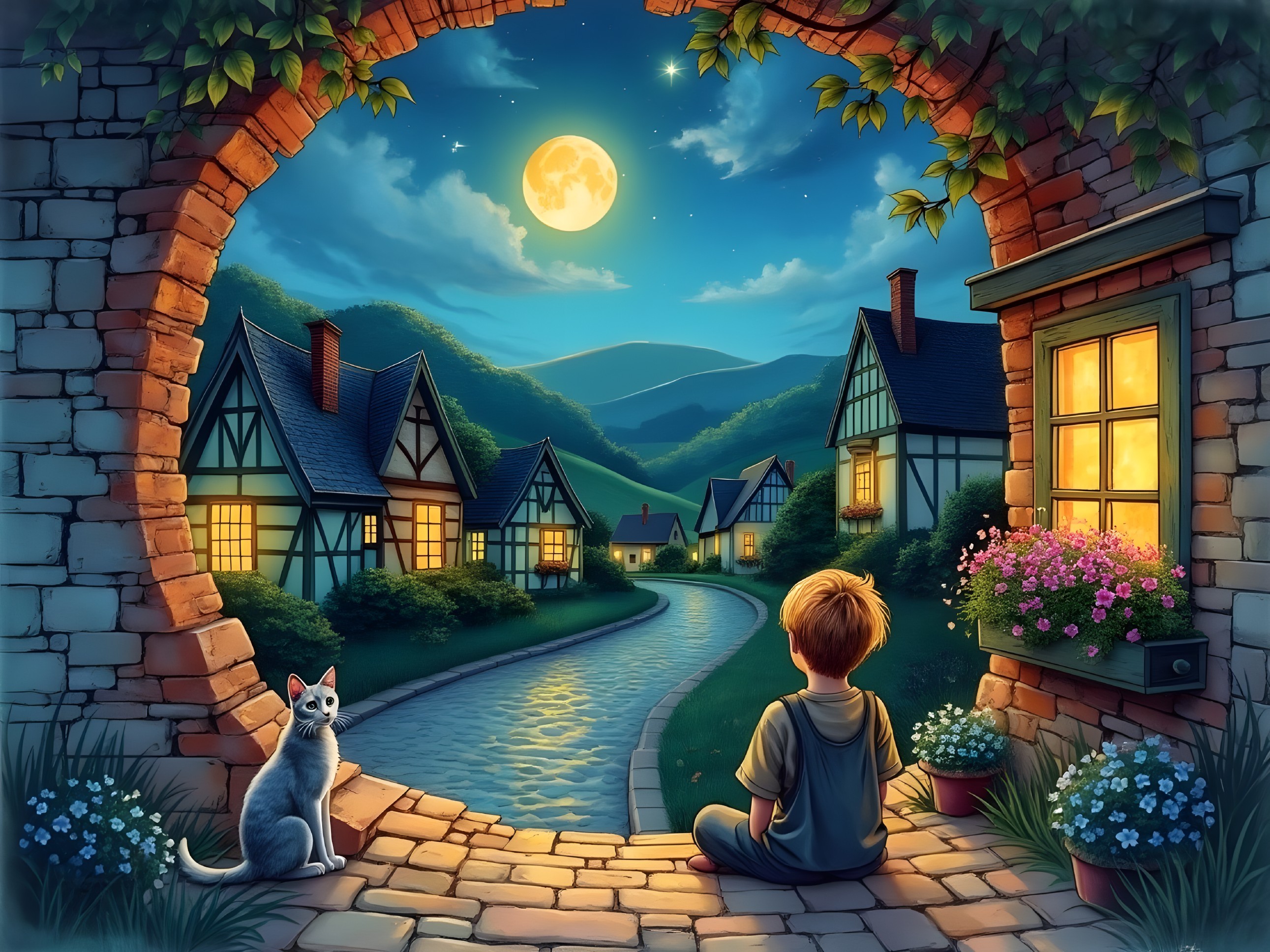 Serene Evening Scene of a Boy and Moonlit Village