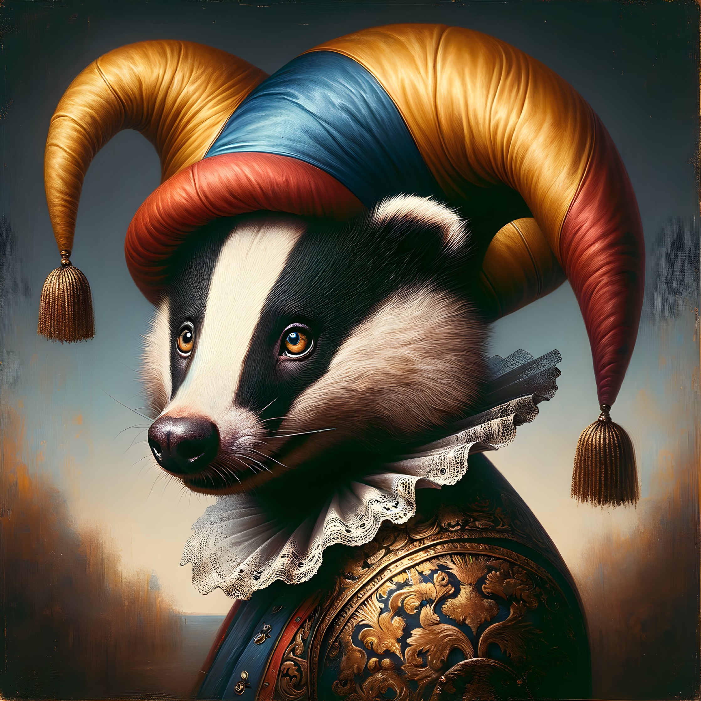 Whimsical Badger in Colorful Jester Hat and Collar
