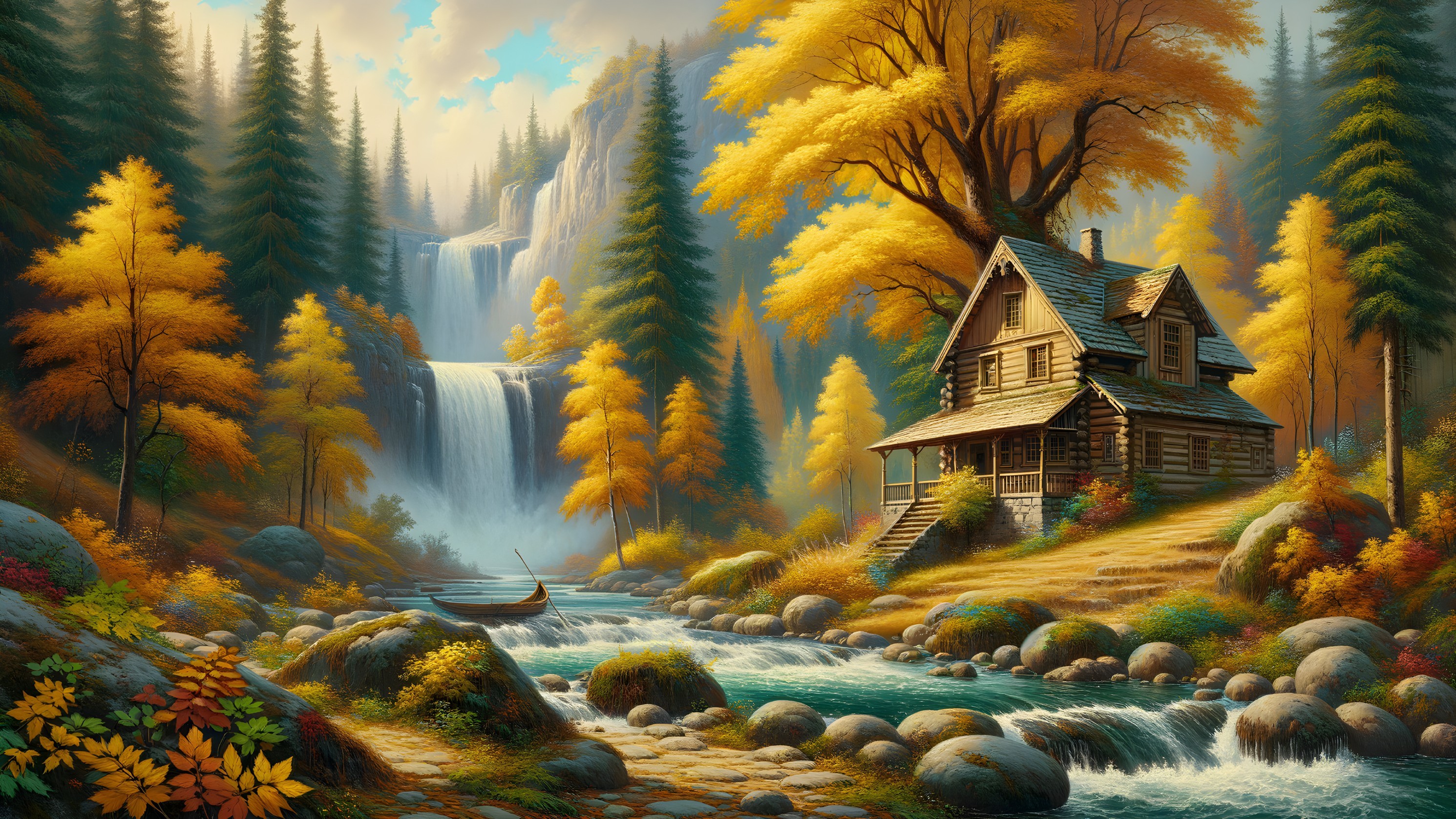 Charming Log Cabin by a Cascading Waterfall