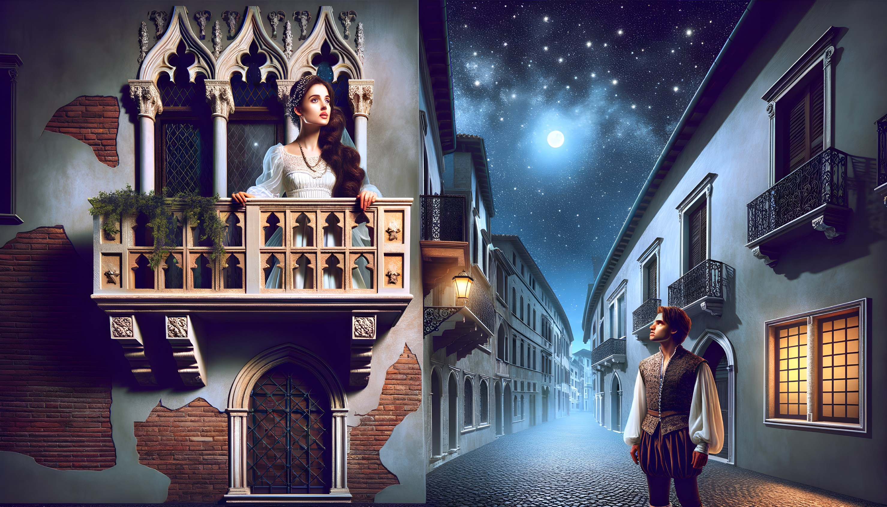 Split scene: Woman on Gothic balcony & man under starry sky on European street