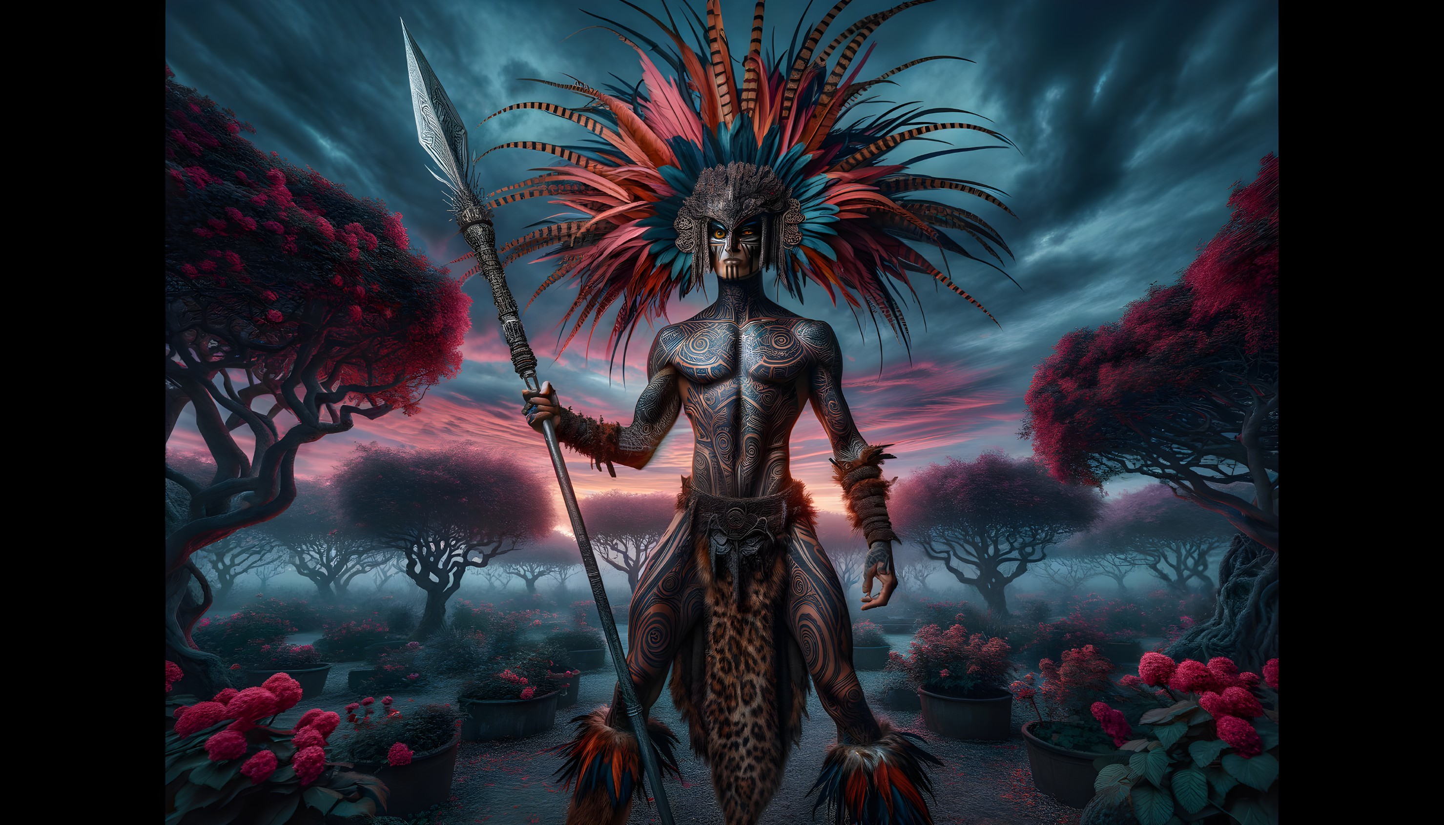 Surreal Warrior in Colorful Mystical Landscape